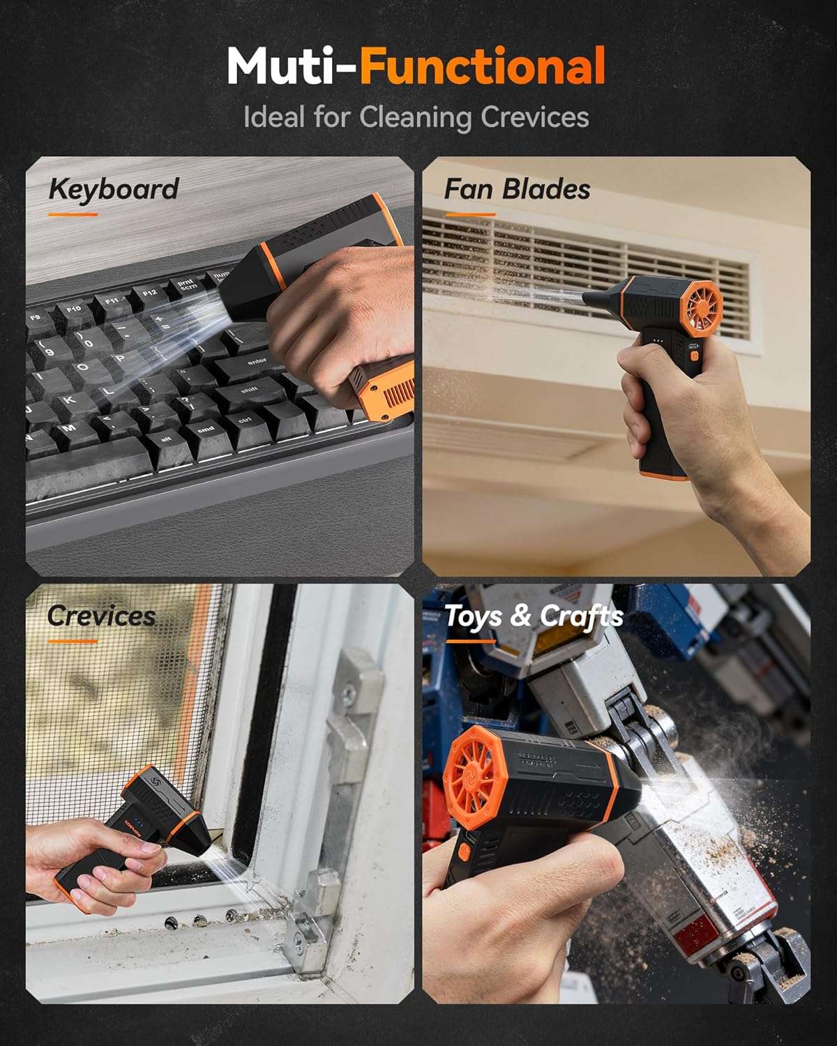Soplador de aire electrico portatil limpiando un teclado de computador en chile