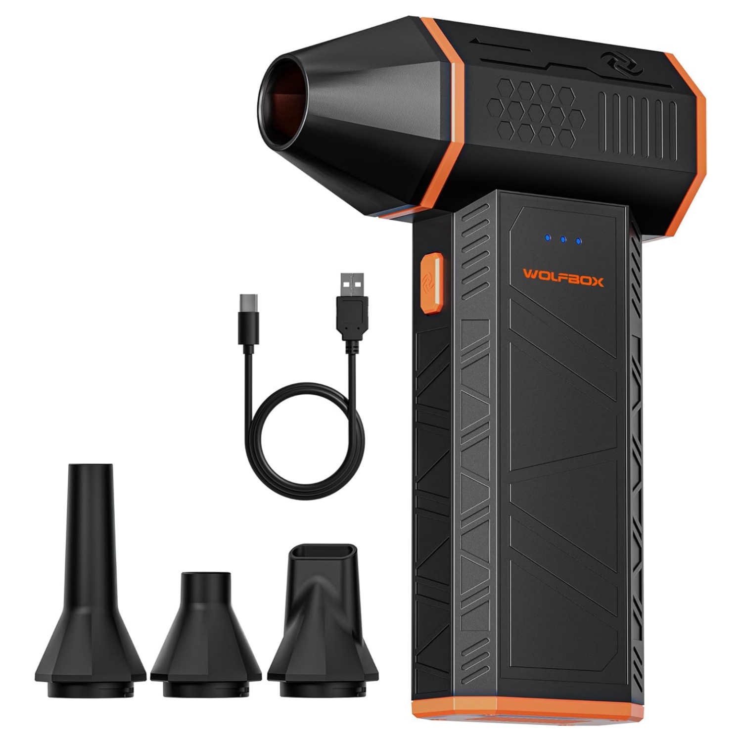 Soplador de aire electrico portatil limpiando un teclado de computador en chile