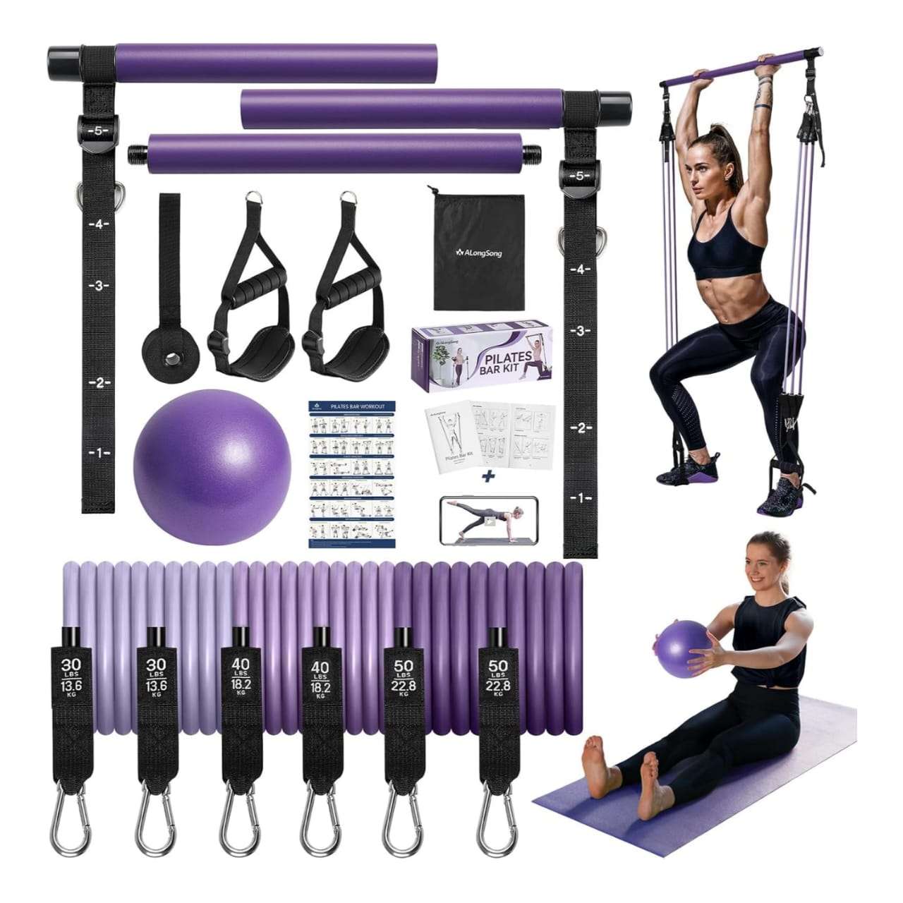 Kit de barra de pilates de acero inoxidable con bandas de resistencia de látex y pelota de yoga para entrenamiento en casa.