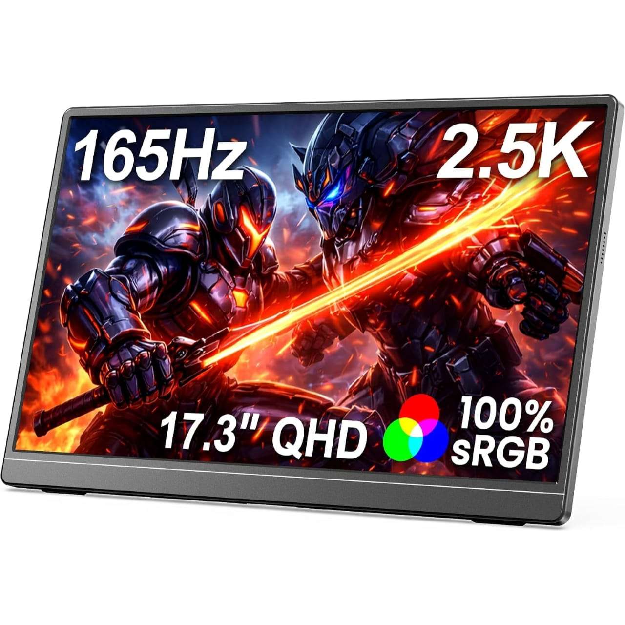 Monitor portátil gamer de 17.3 pulgadas 2.5K y 165Hz conectado a un notebook y una consola en un escritorio.