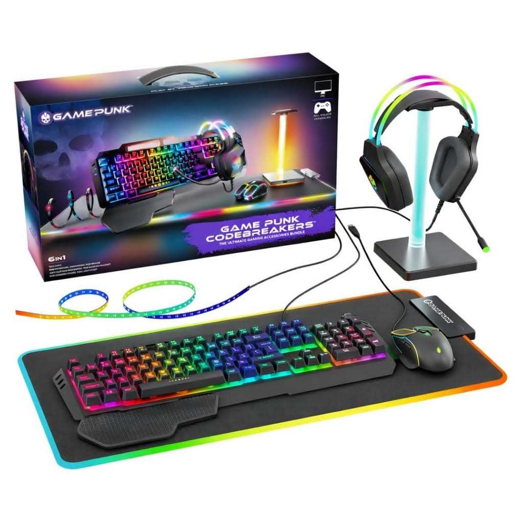 combo gamer 6 en 1 teclado mecanico mouse audifonos alfombrilla 81 centimetros soporte tira led 91 centimetros rgb ideal para chile