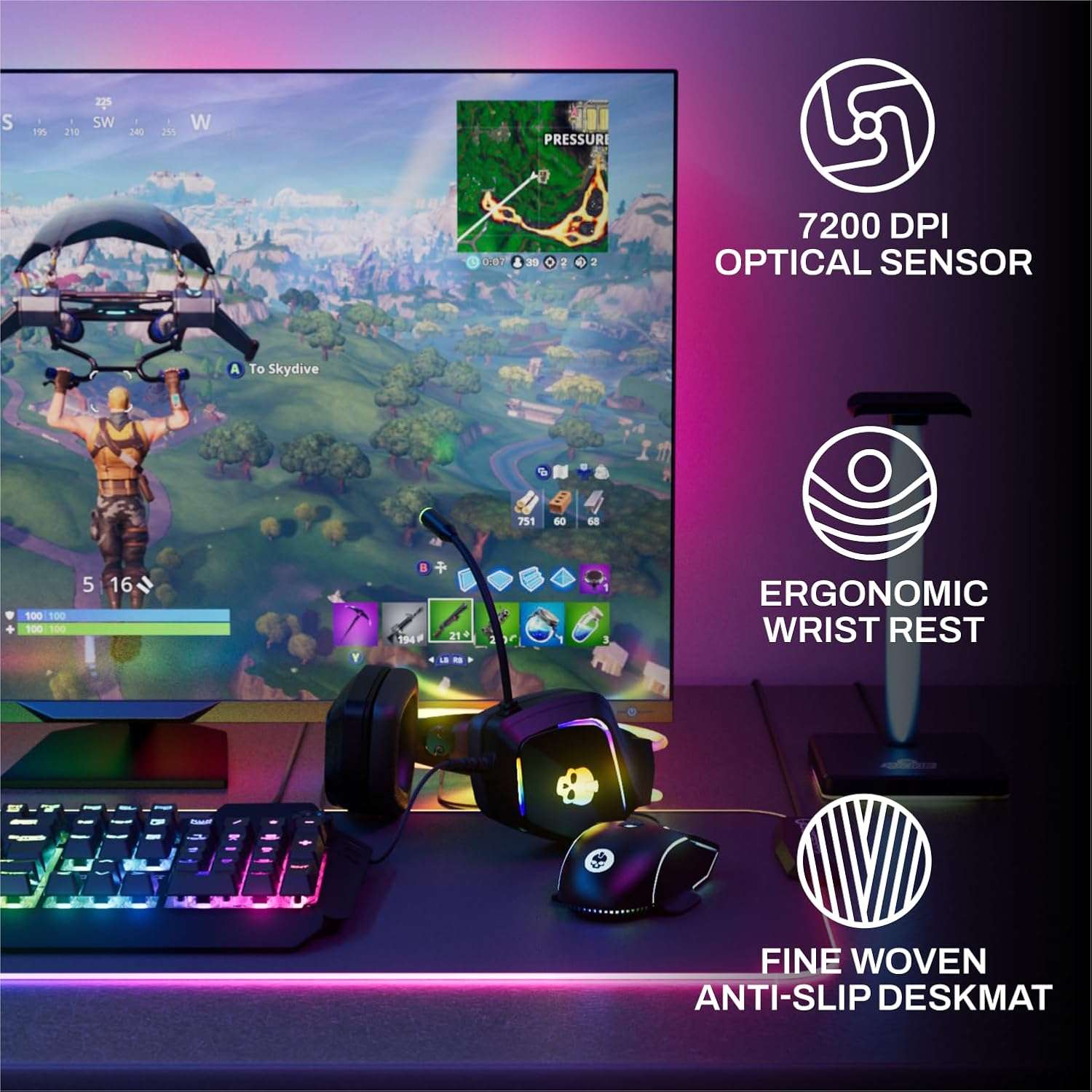 combo gamer 6 piezas teclado mecanico mouse audifonos mousepad hub usb 81 centimetros tira led 91 centimetros rgb ideal para chile