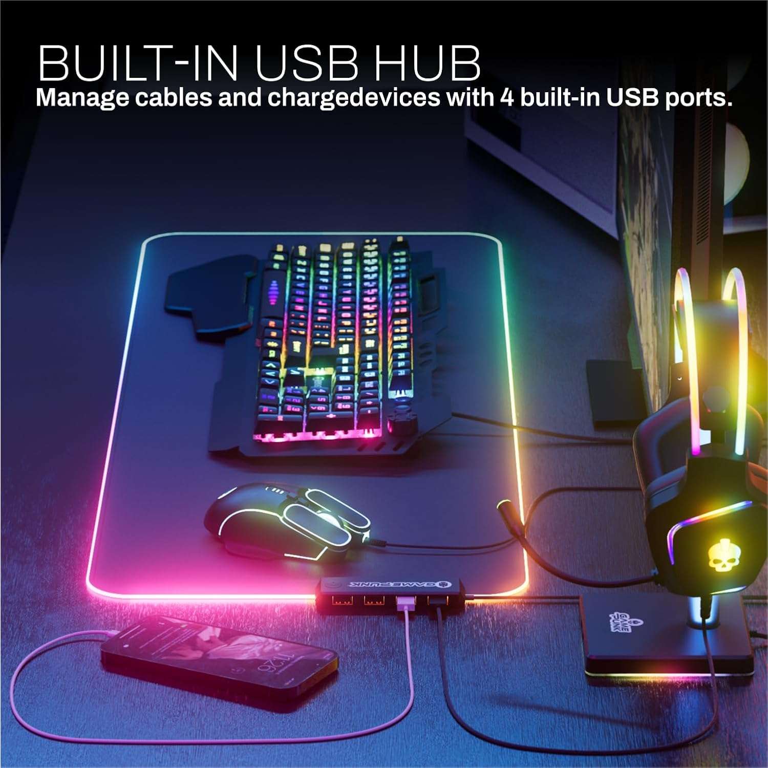 combo gamer 6 piezas teclado mecanico mouse audifonos mousepad hub usb 81 centimetros tira led 91 centimetros rgb ideal para chile