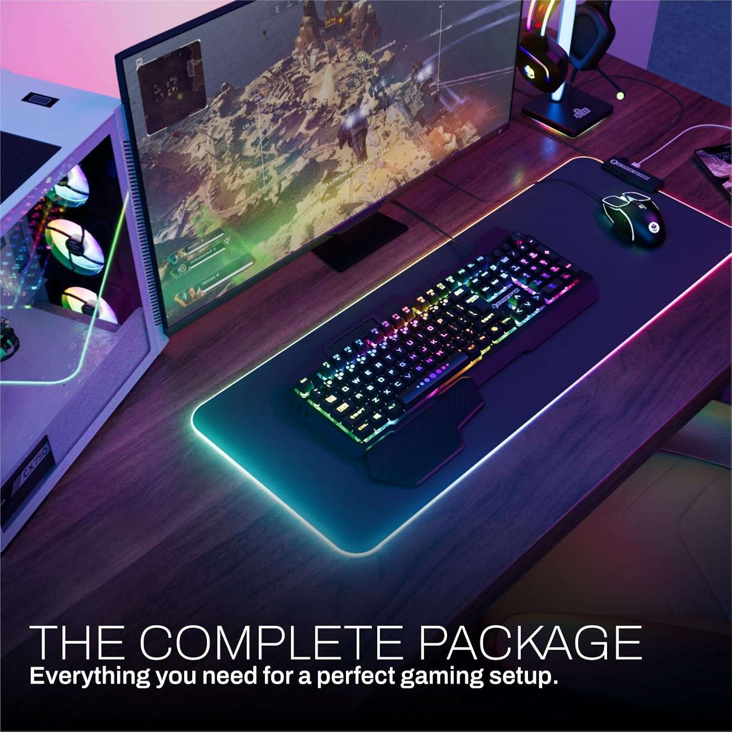 combo gamer 6 piezas teclado mecanico mouse audifonos mousepad hub usb 81 centimetros tira led 91 centimetros rgb ideal para chile
