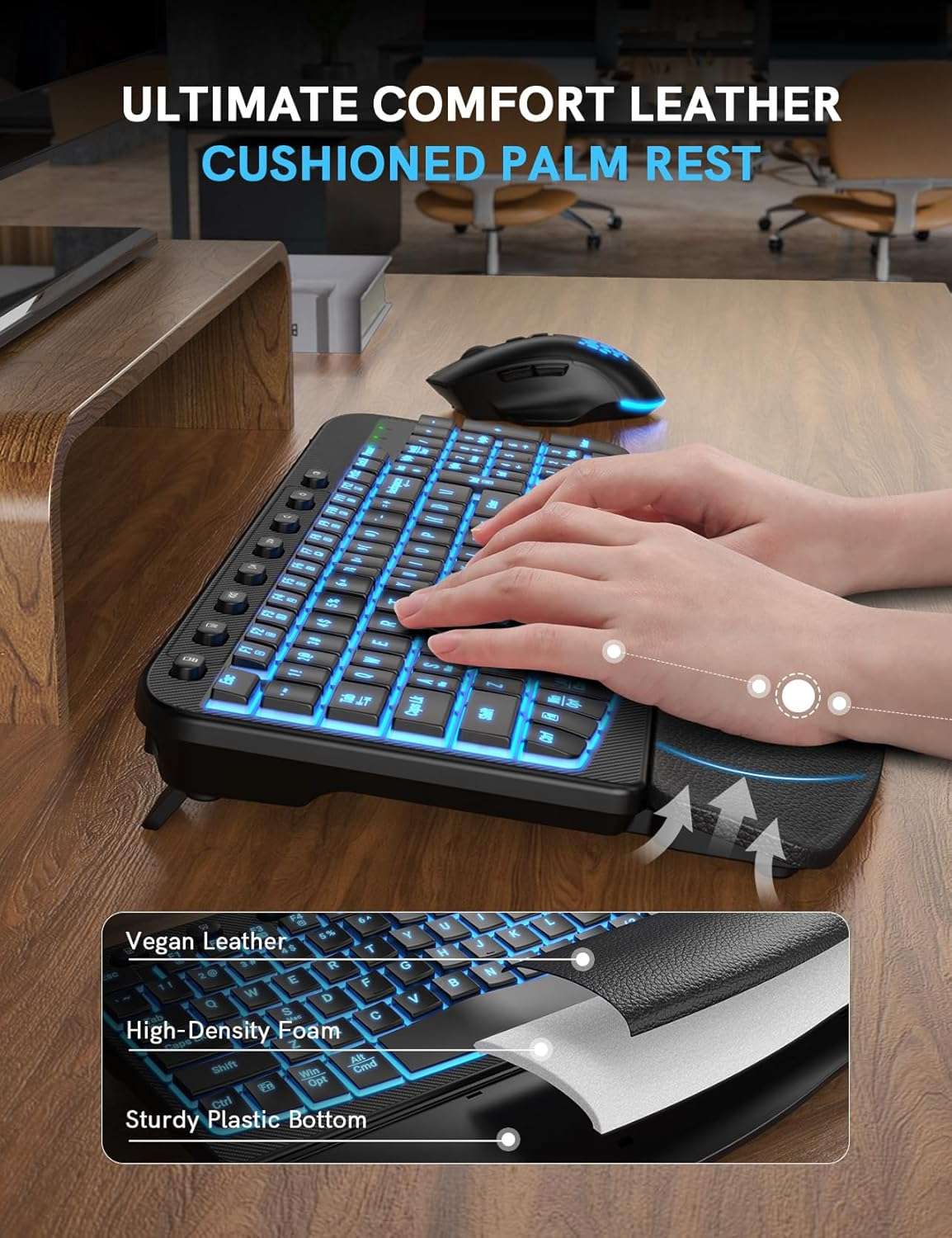 combo teclado mouse inalambrico ergonomico rgb recargable reposamuñecas cuero ideal para chile