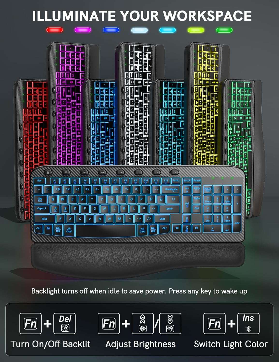 combo teclado mouse inalambrico ergonomico rgb recargable reposamuñecas cuero ideal para chile