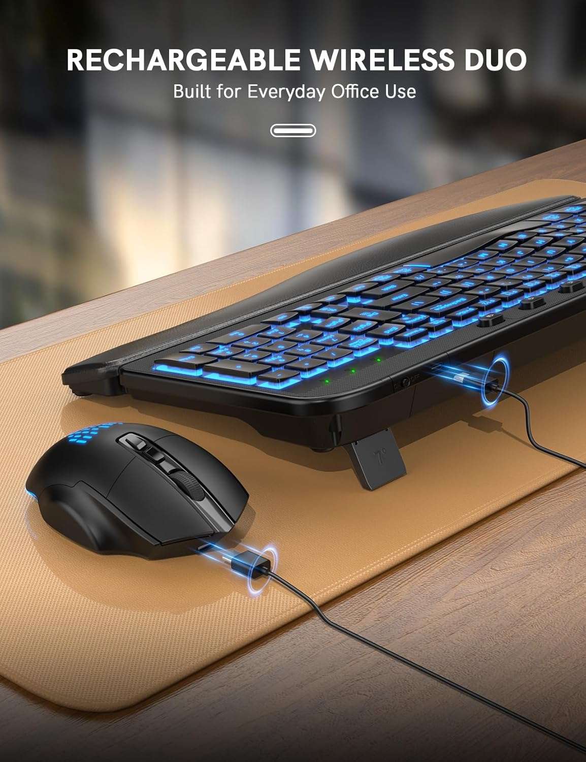 combo teclado mouse inalambrico ergonomico rgb recargable reposamuñecas cuero ideal para chile