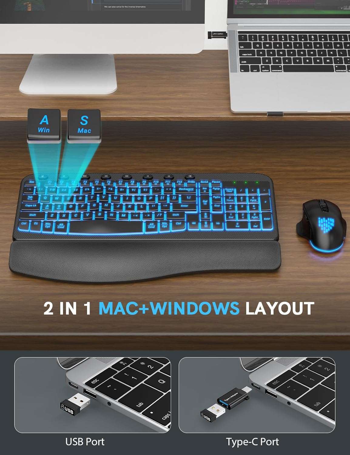 combo teclado mouse inalambrico ergonomico rgb recargable reposamuñecas cuero ideal para chile