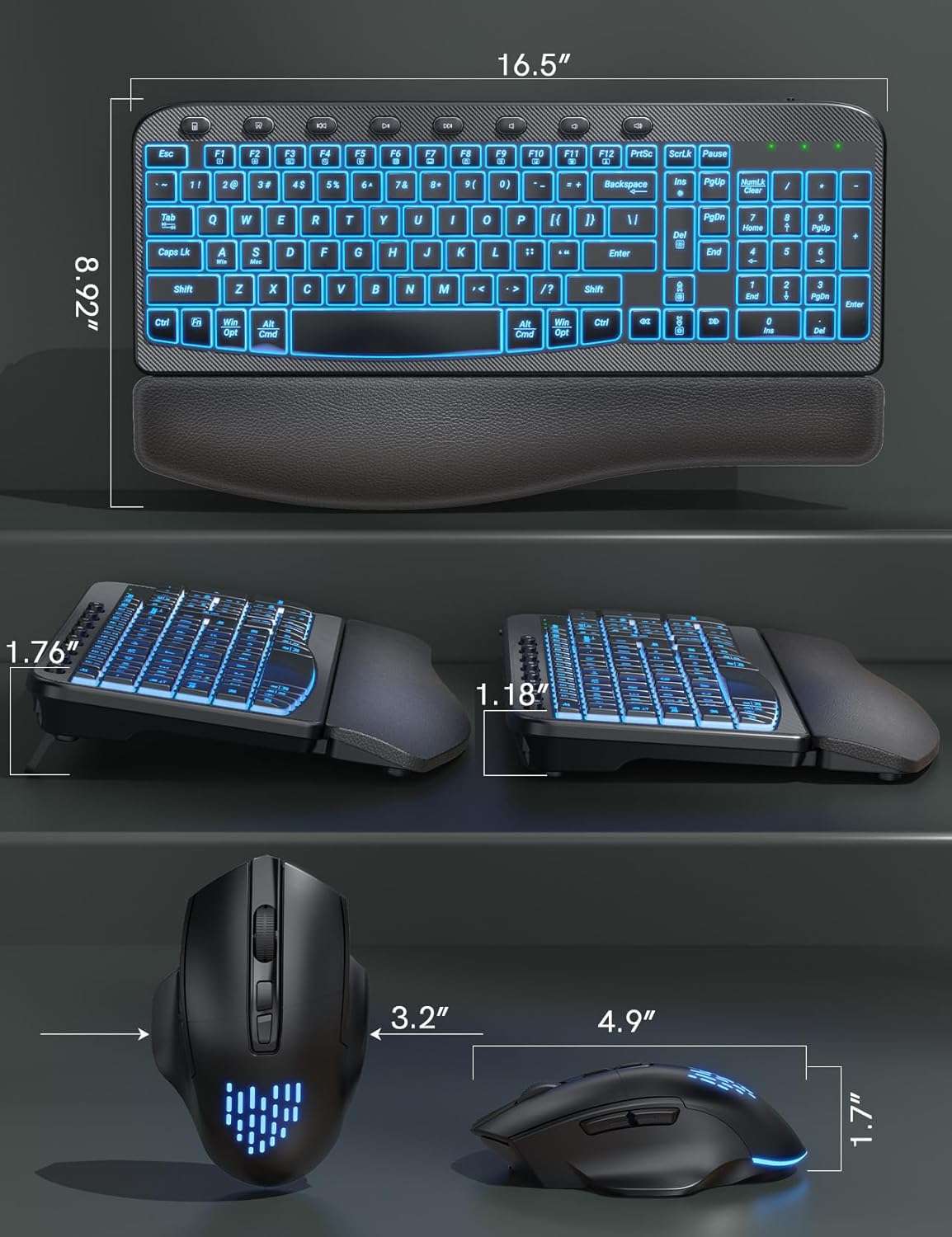 combo teclado mouse inalambrico ergonomico rgb recargable reposamuñecas cuero ideal para chile