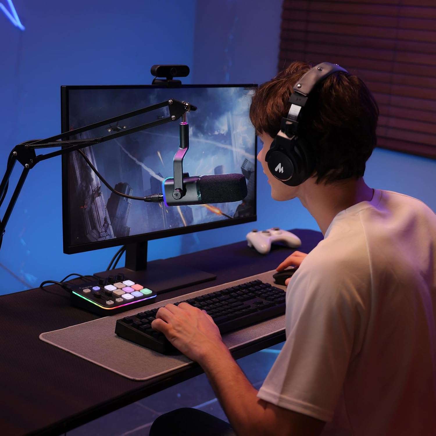 microfono gamer maono pd100xs usb xlr brazo articulado rgb cancelacion de ruido 24 bits ideal para chile