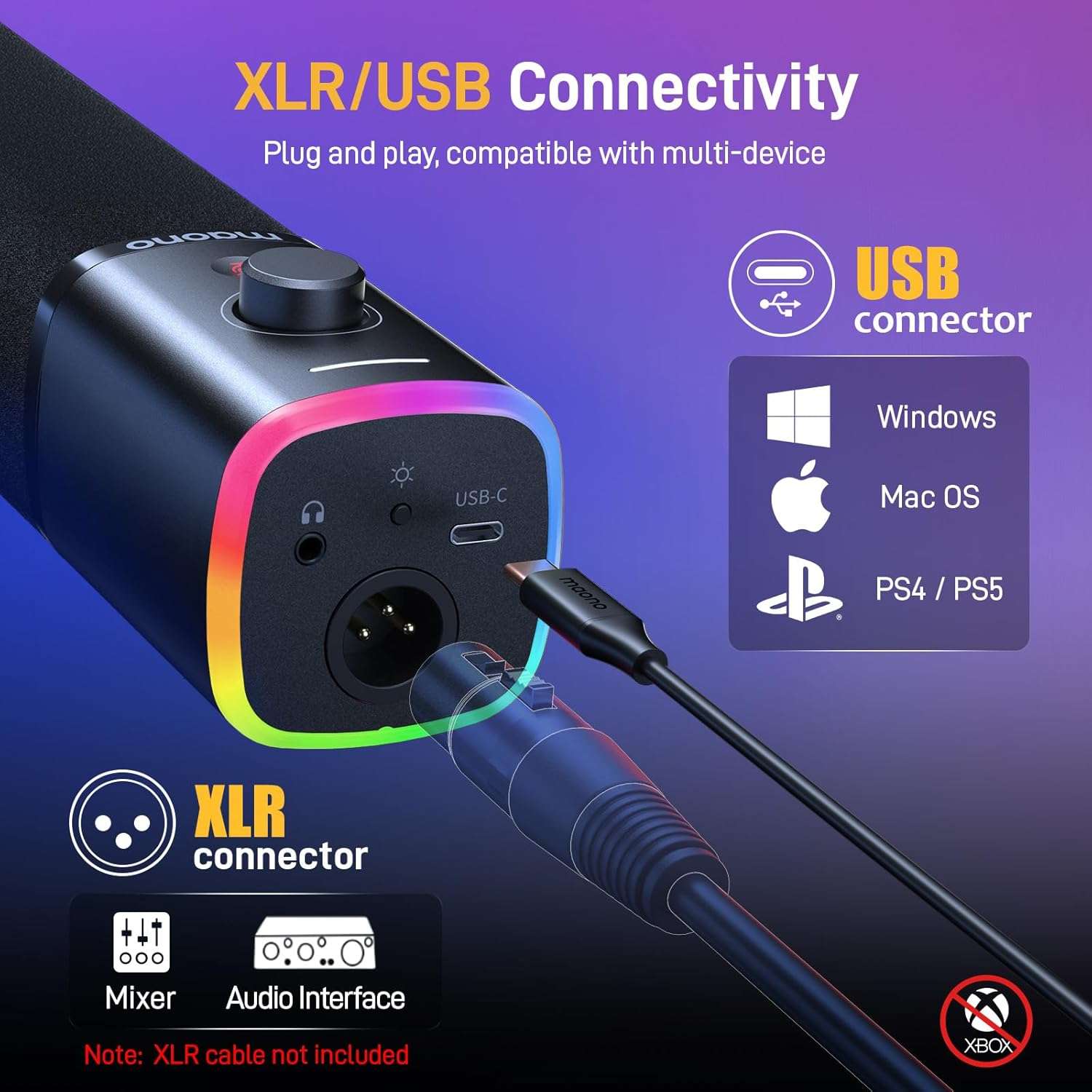 microfono gamer maono pd100xs usb xlr brazo articulado rgb cancelacion de ruido 24 bits ideal para chile