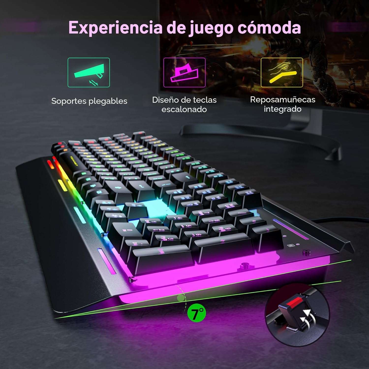 teclado gamer tecknet rgb silencioso panel metalico anti ghosting resistente al agua ip32 ideal para chile