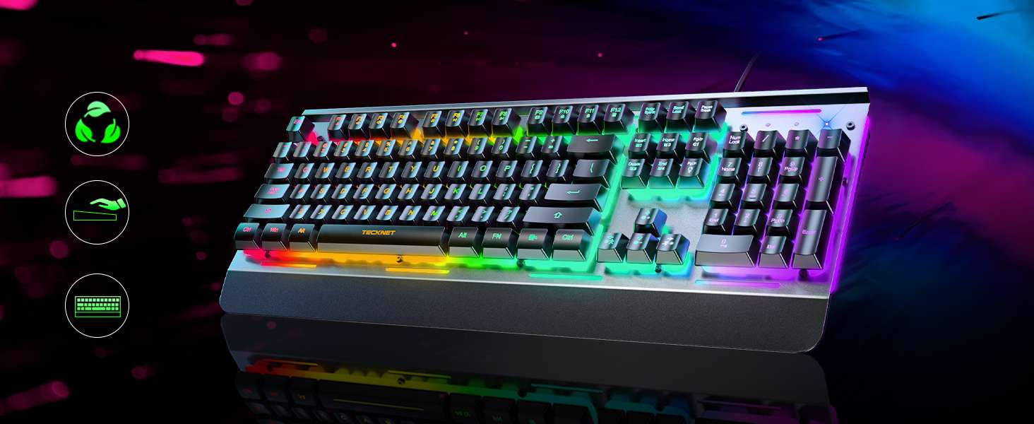 teclado gamer tecknet rgb silencioso panel metalico anti ghosting resistente al agua ip32 ideal para chile