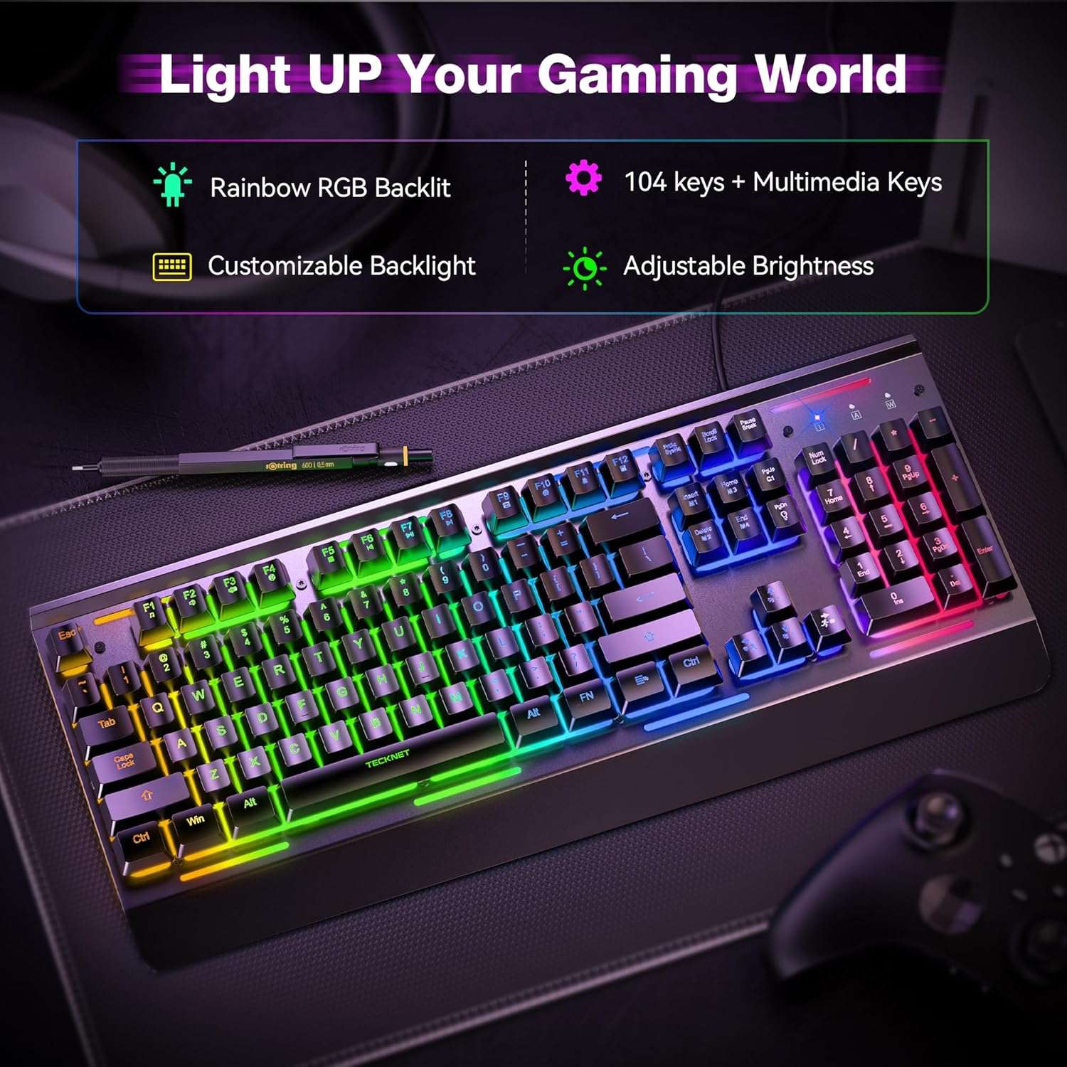 teclado gamer tecknet rgb silencioso panel metalico anti ghosting resistente al agua ip32 ideal para chile