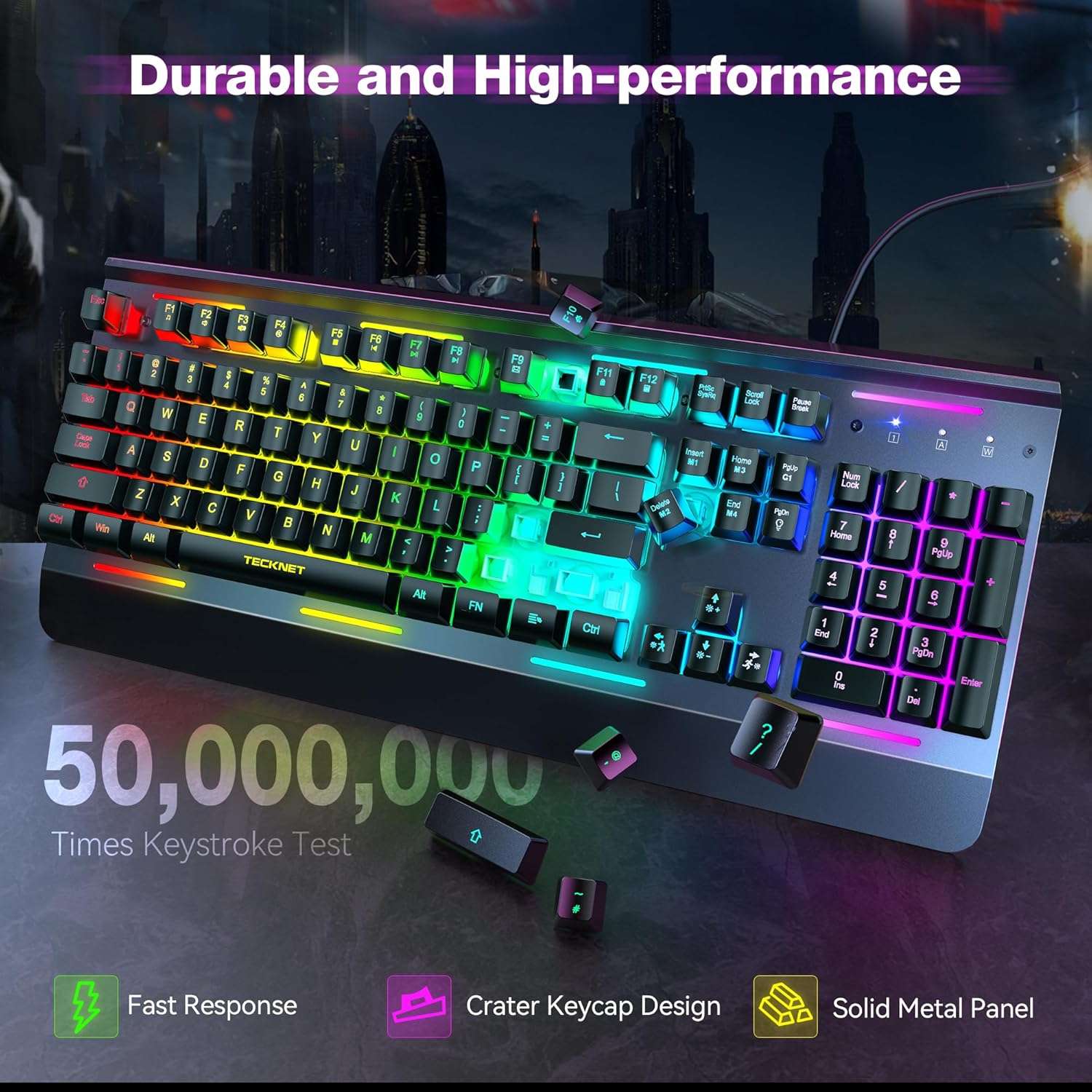 teclado gamer tecknet rgb silencioso panel metalico anti ghosting resistente al agua ip32 ideal para chile