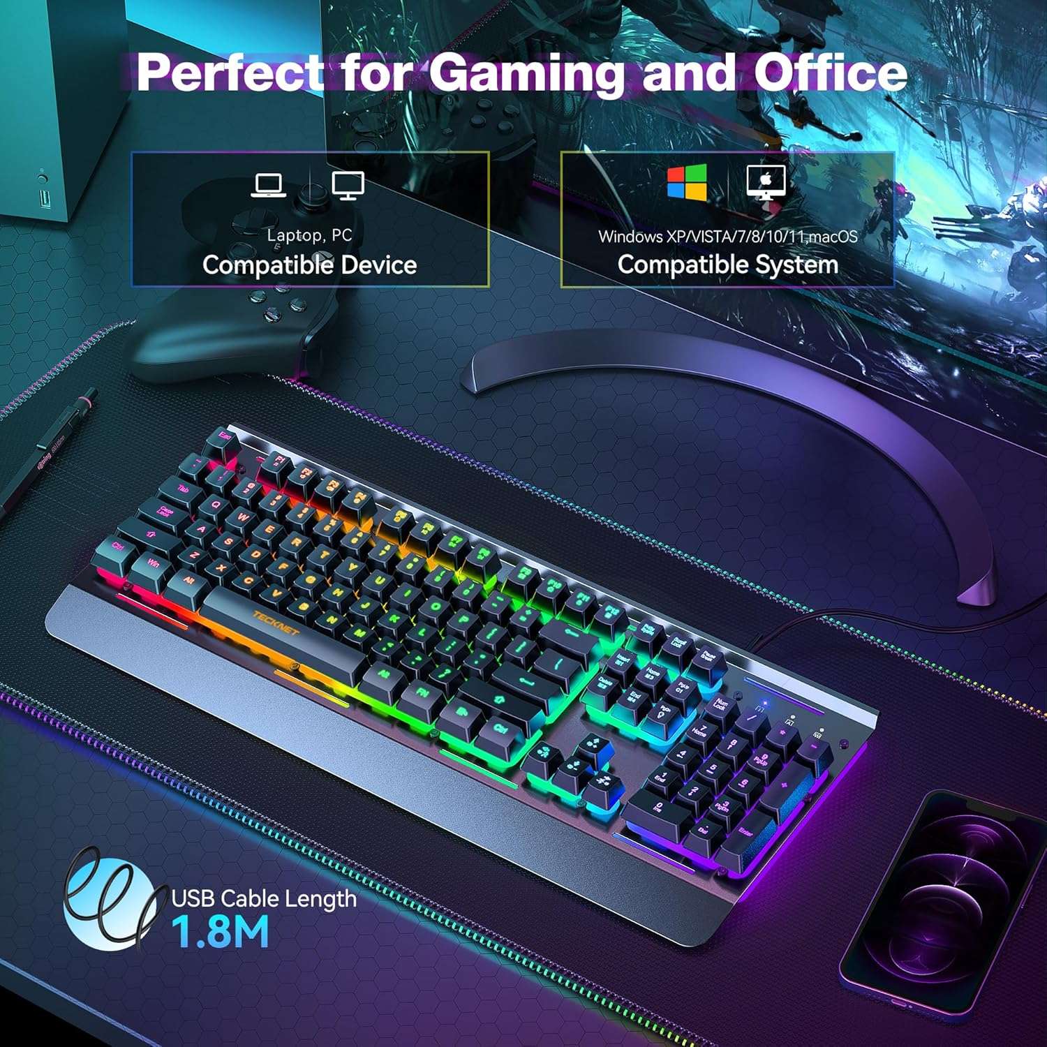 teclado gamer tecknet rgb silencioso panel metalico anti ghosting resistente al agua ip32 ideal para chile