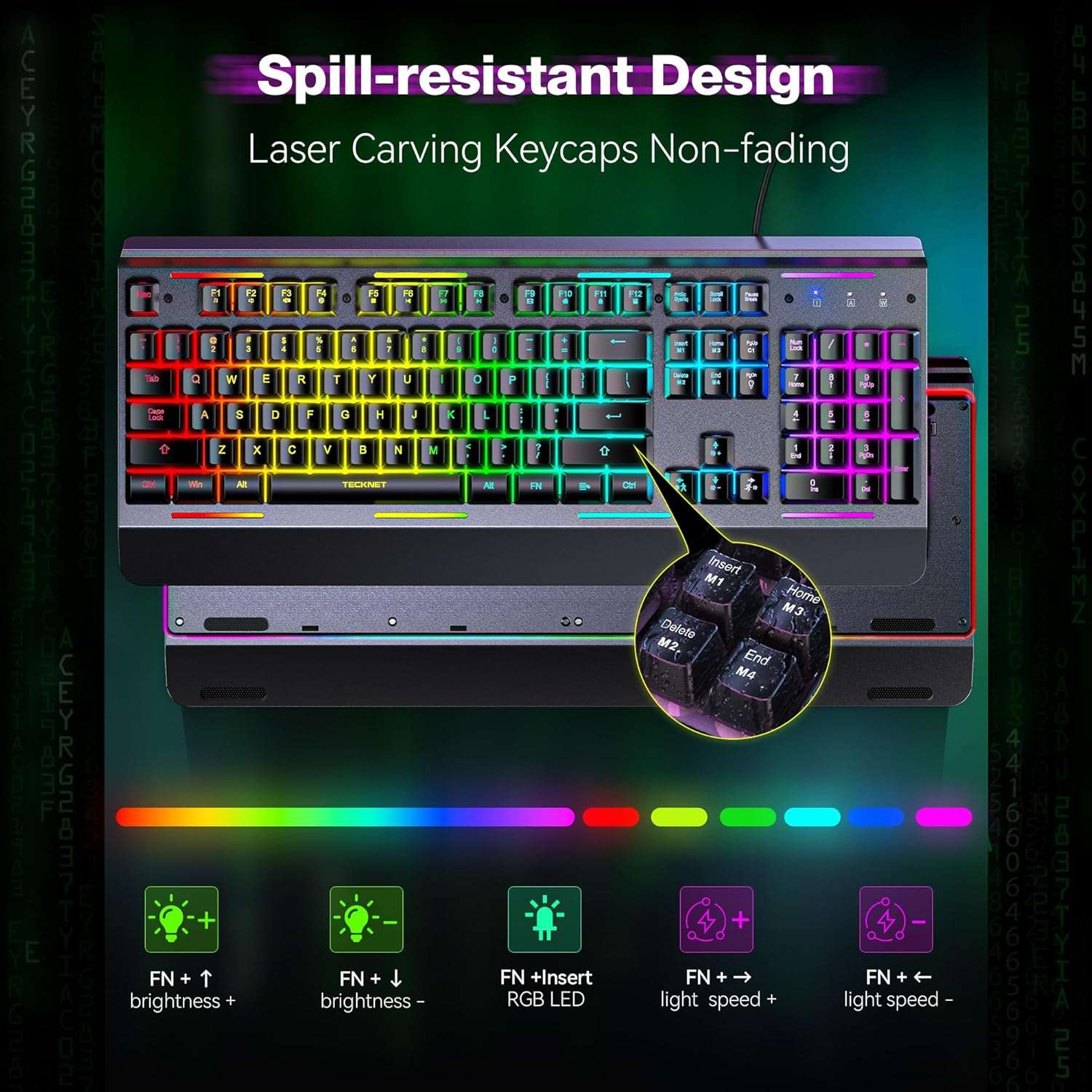 teclado gamer tecknet rgb silencioso panel metalico anti ghosting resistente al agua ip32 ideal para chile