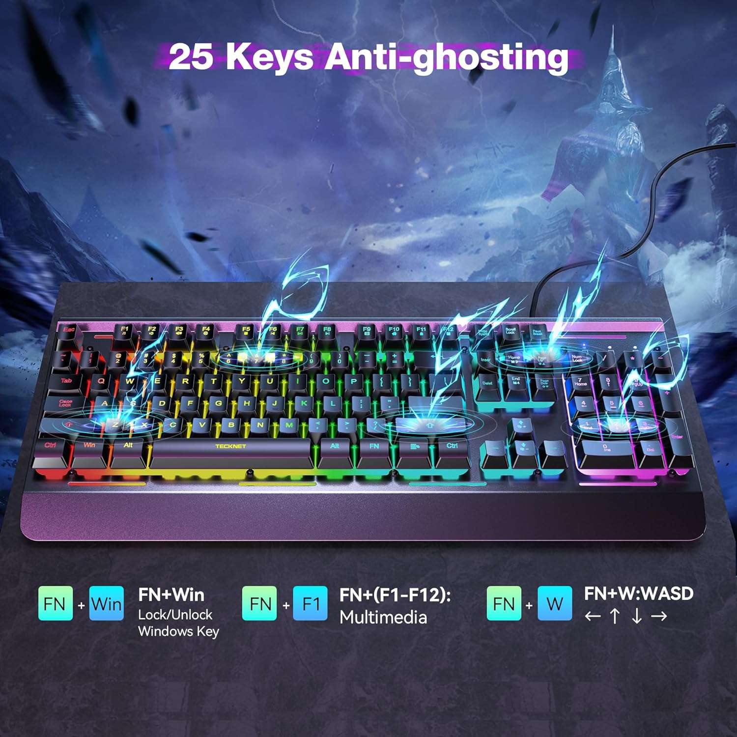 teclado gamer tecknet rgb silencioso panel metalico anti ghosting resistente al agua ip32 ideal para chile