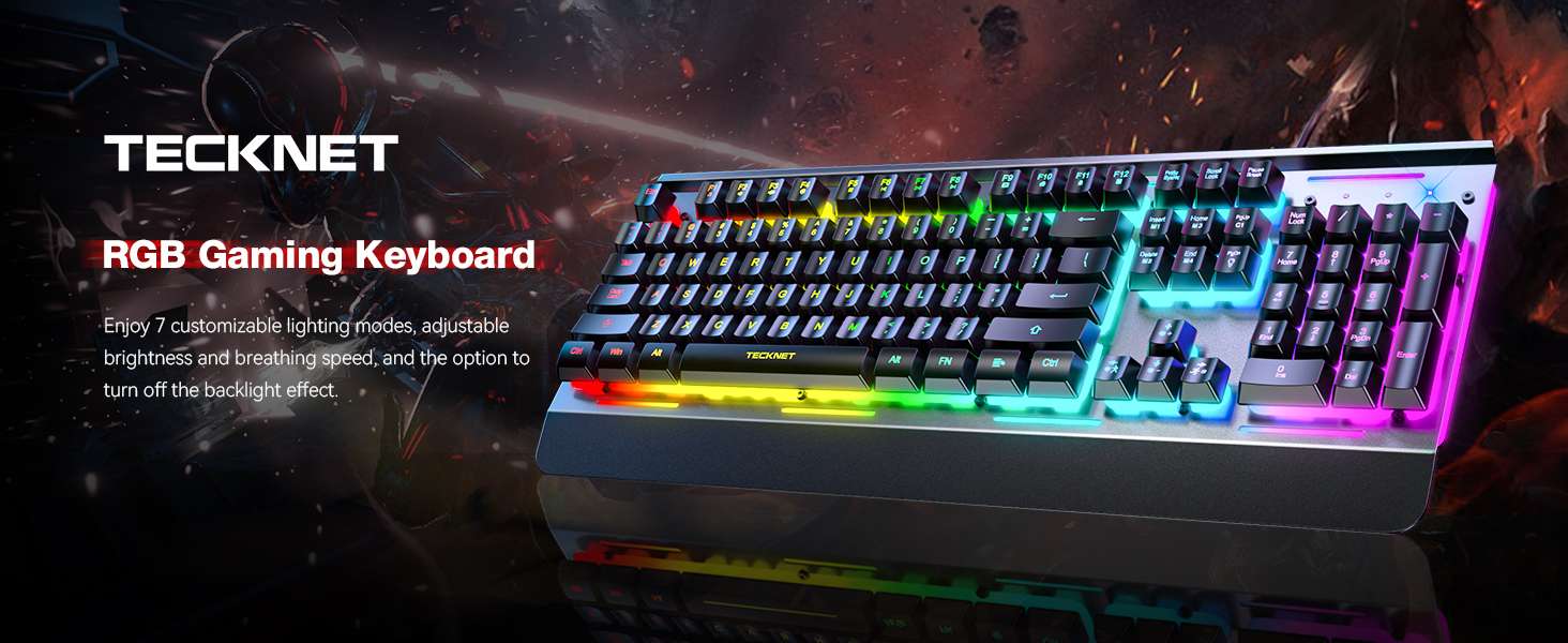 teclado gamer tecknet rgb silencioso panel metalico anti ghosting resistente al agua ip32 ideal para chile