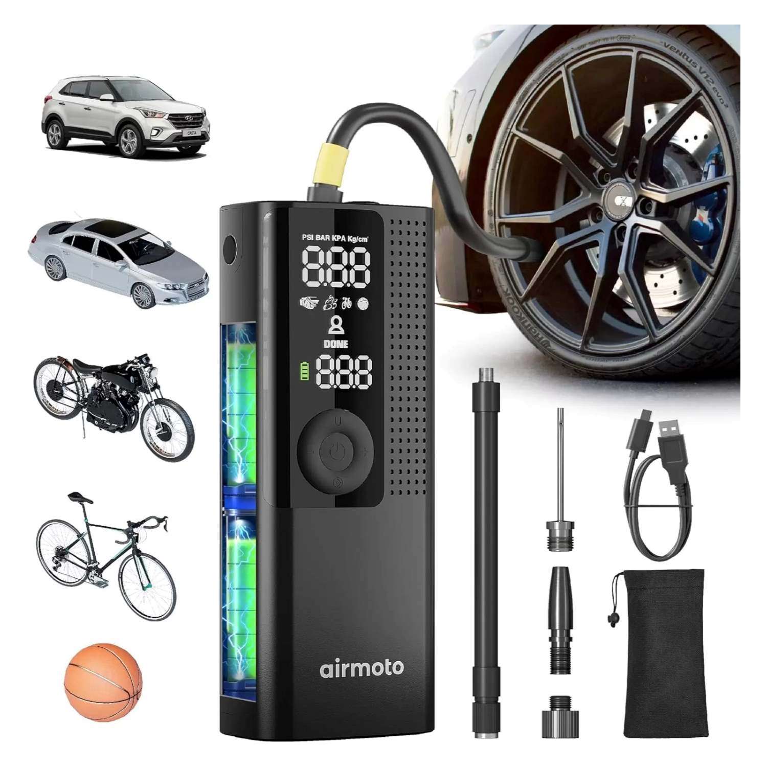 nflador de neumaticos portatil inalambrico con pantalla digital linterna led y bateria recargable de 2000 mAh ideal para chile