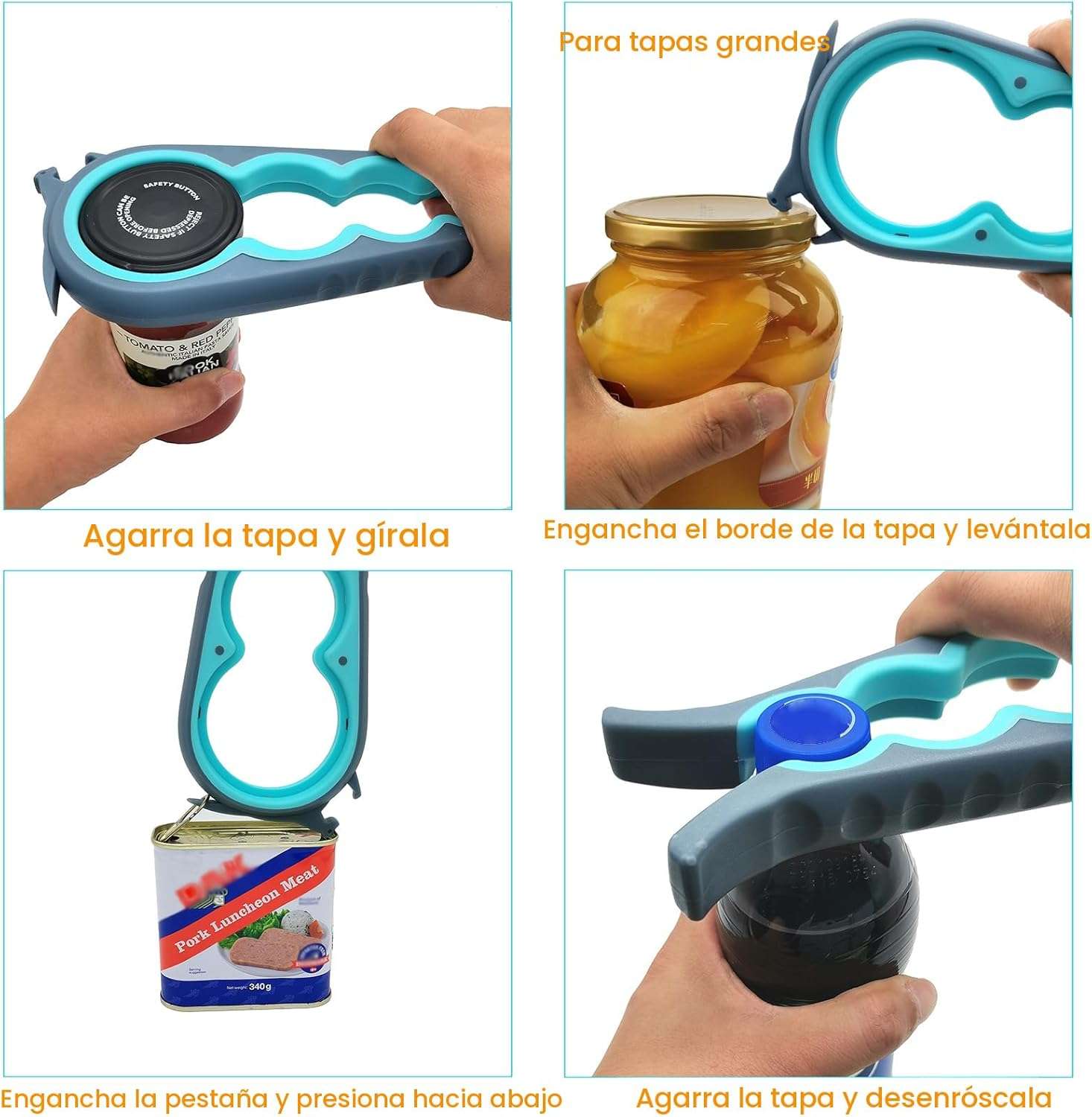 abridor de frascos y botellas seis en uno marca otstar para tapas de 2.54 a 7.62 centimetros ideal para chile