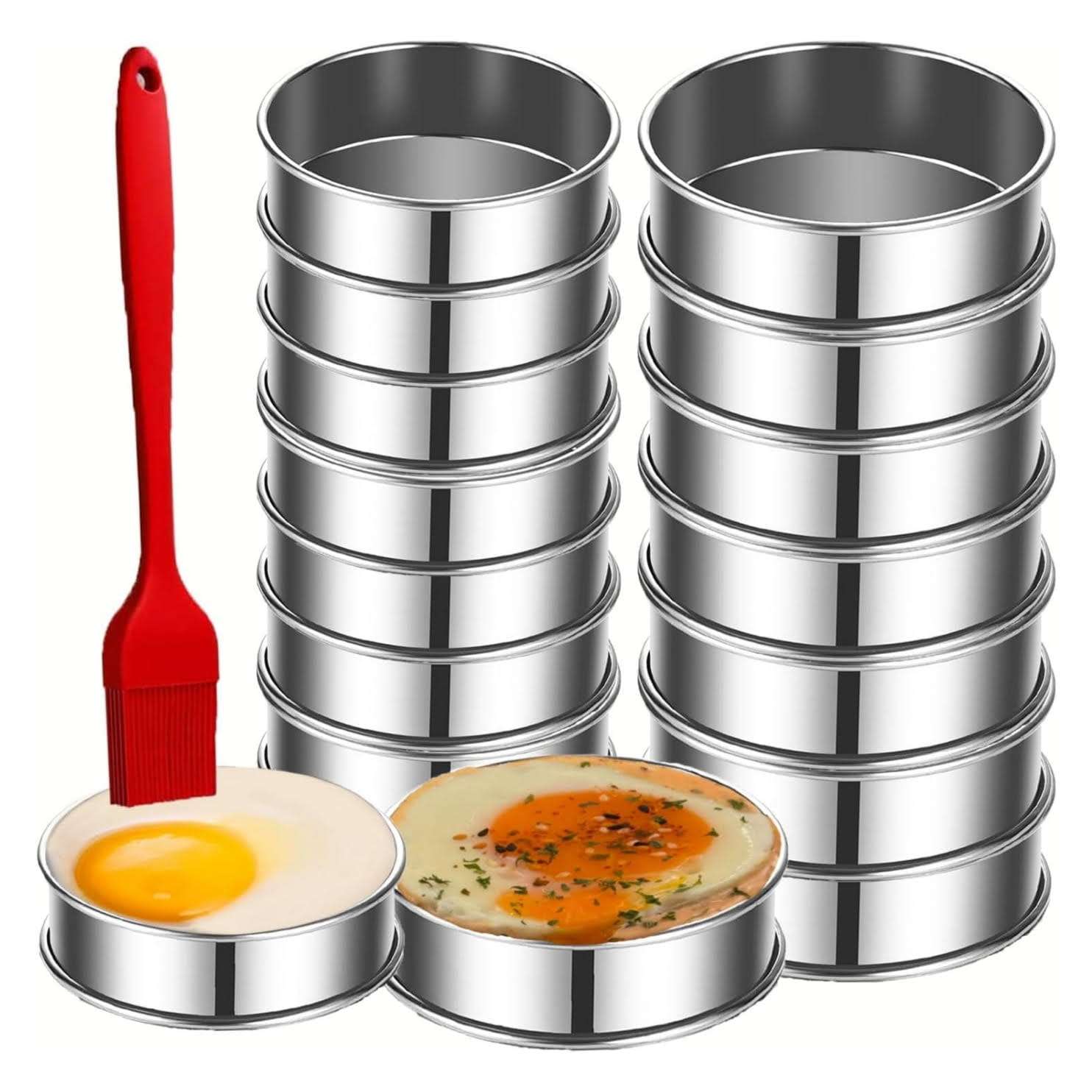 set de 16 moldes redondos de acero inoxidable de 10.16 y 8 centimetros con pincel de aceite ideal para chile
