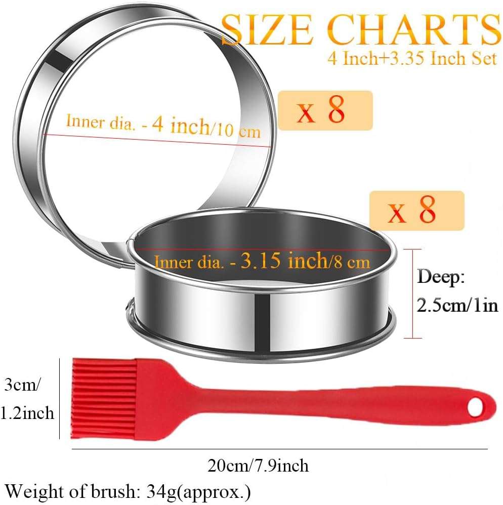 set de 16 moldes redondos de acero inoxidable de 10.16 y 8 centimetros con pincel de aceite ideal para chile