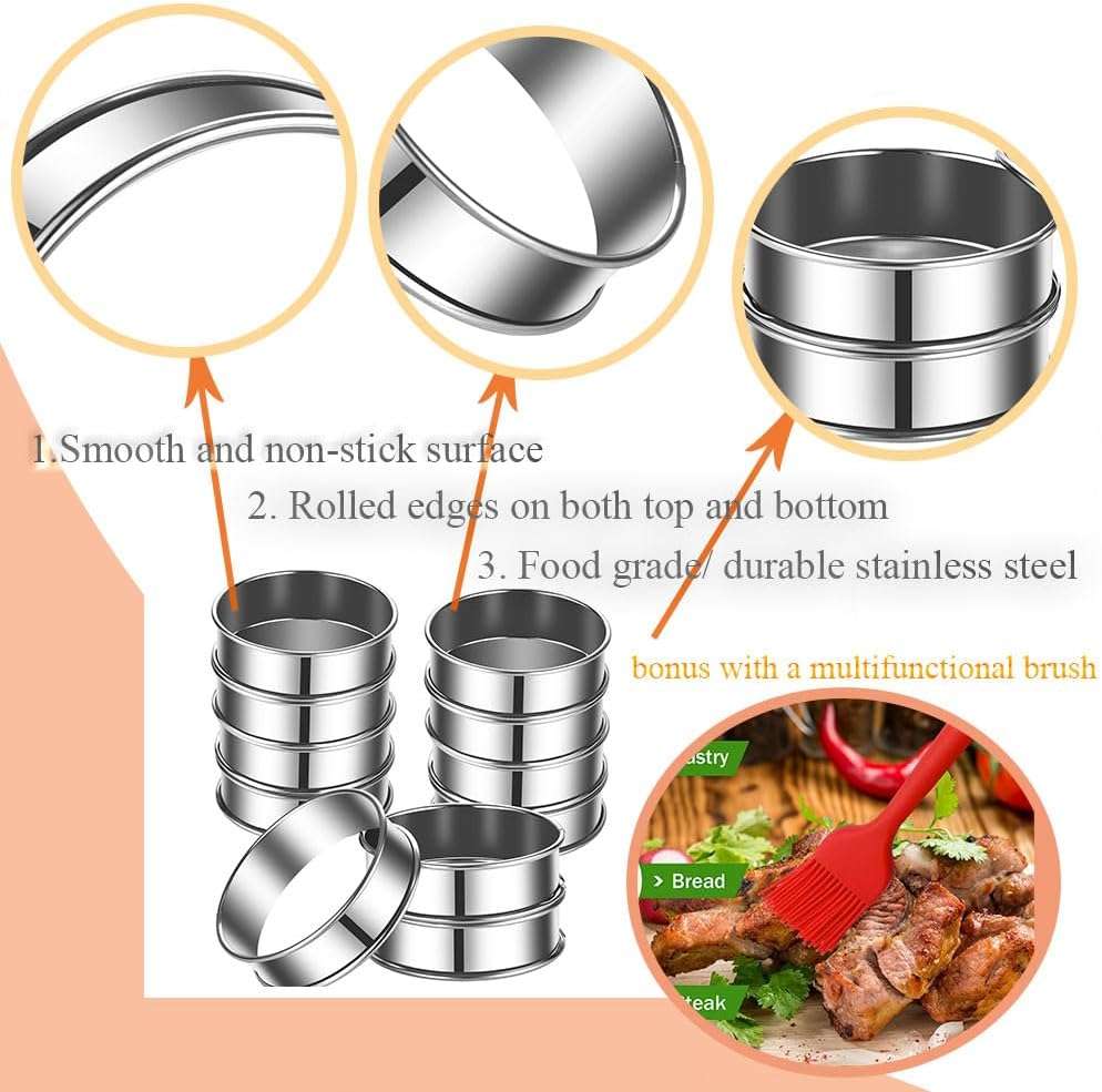 set de 16 moldes redondos de acero inoxidable de 10.16 y 8 centimetros con pincel de aceite ideal para chile
