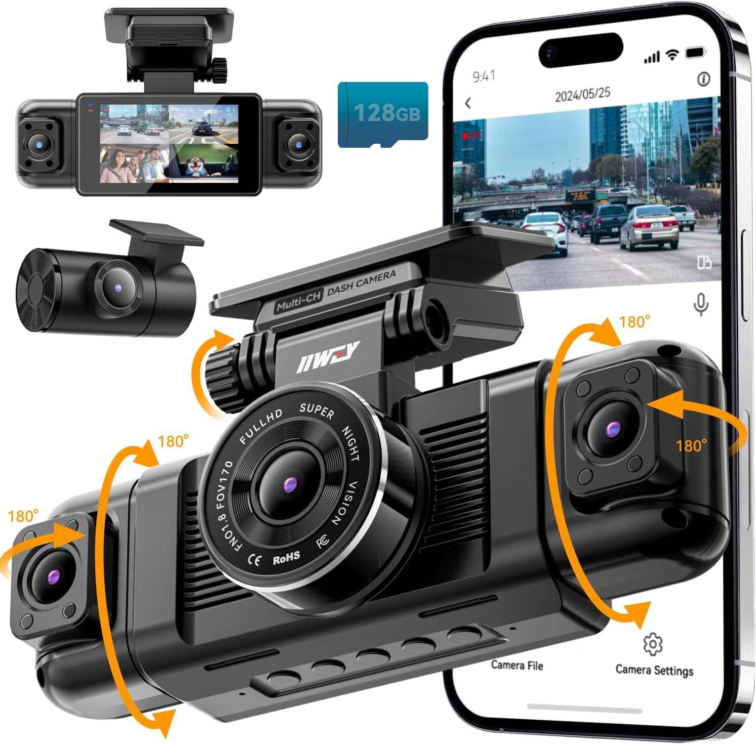 camara de tablero para auto N5 de cuatro canales con grabacion 360 grados pantalla de 7.62 centimetros wifi 5G y tarjeta de 128 GB ideal para chile