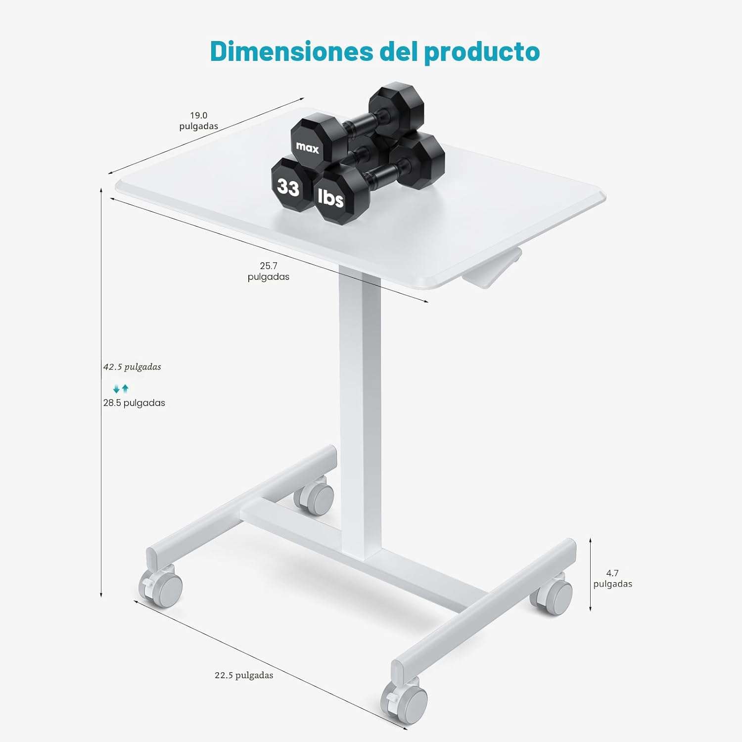 escritorio movil dumos de 48.26 centimetros color blanco con altura ajustable neumatica y ruedas ideal para chile