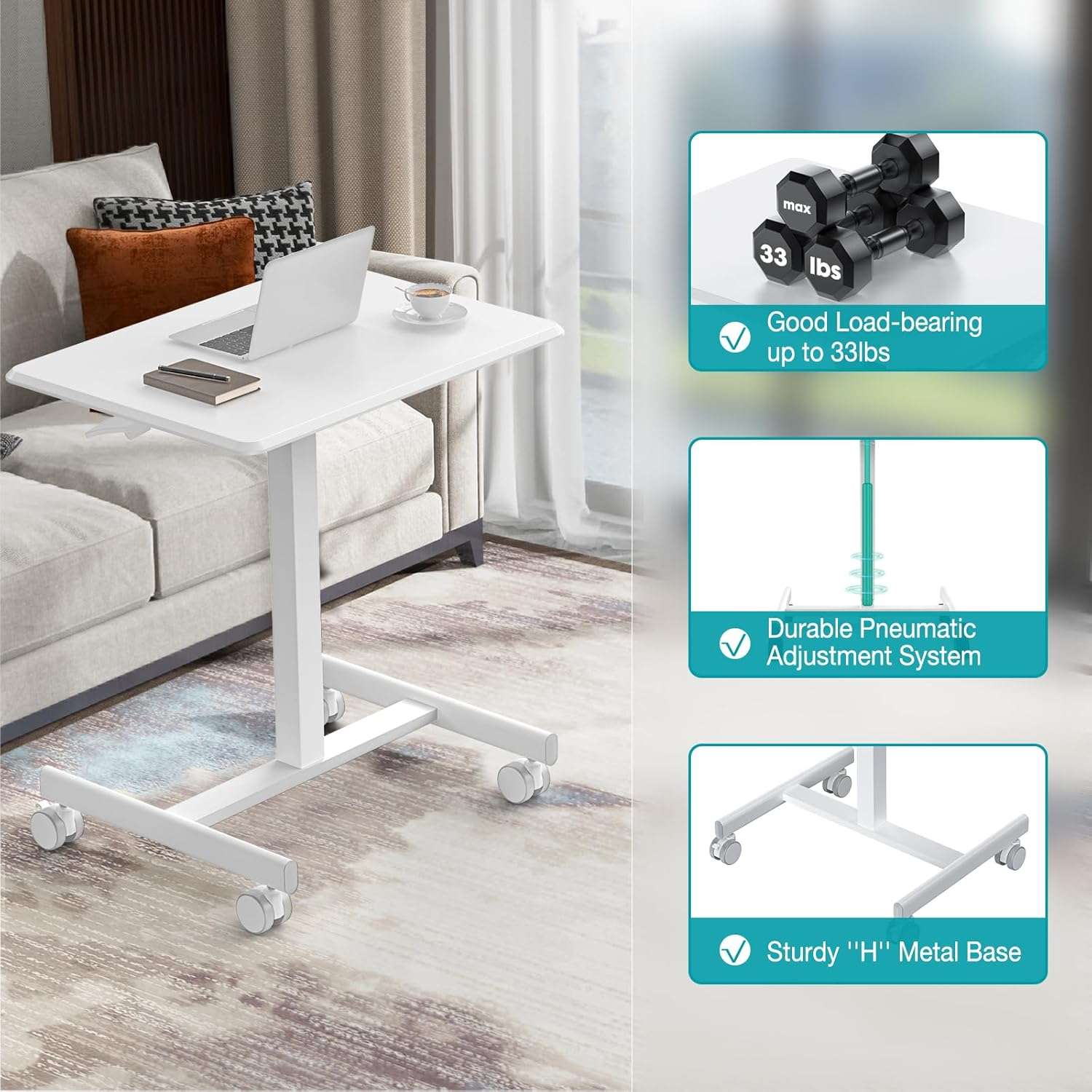 escritorio movil dumos de 48.26 centimetros color blanco con altura ajustable neumatica y ruedas ideal para chile