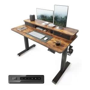 escritorio electrico fezibo de 121.92 centimetros color marron rustico con estante doble cajon y ajuste de altura ideal para teletrabajo en chile