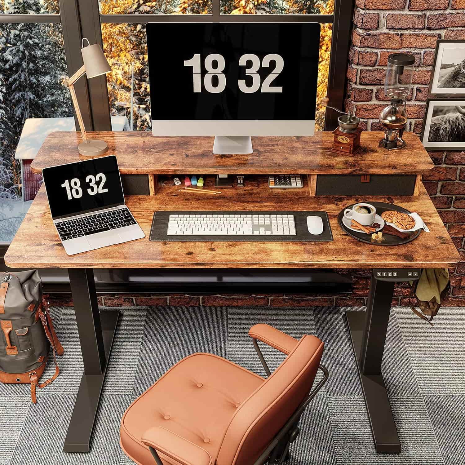 escritorio electrico fezibo de 121.92 centimetros color marron rustico con estante doble cajon y ajuste de altura ideal para teletrabajo en chile