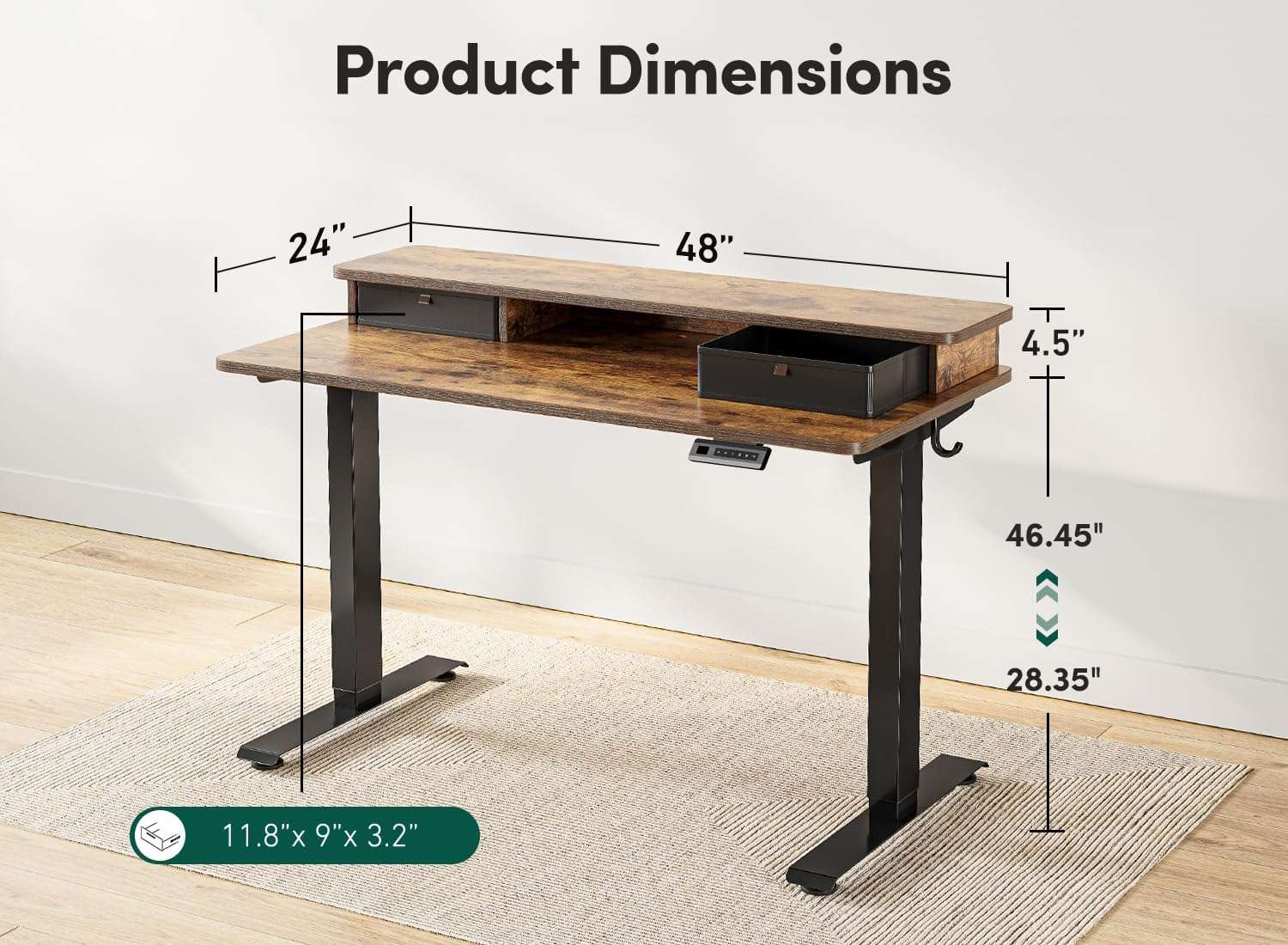 escritorio electrico fezibo de 121.92 centimetros color marron rustico con estante doble cajon y ajuste de altura ideal para teletrabajo en chile