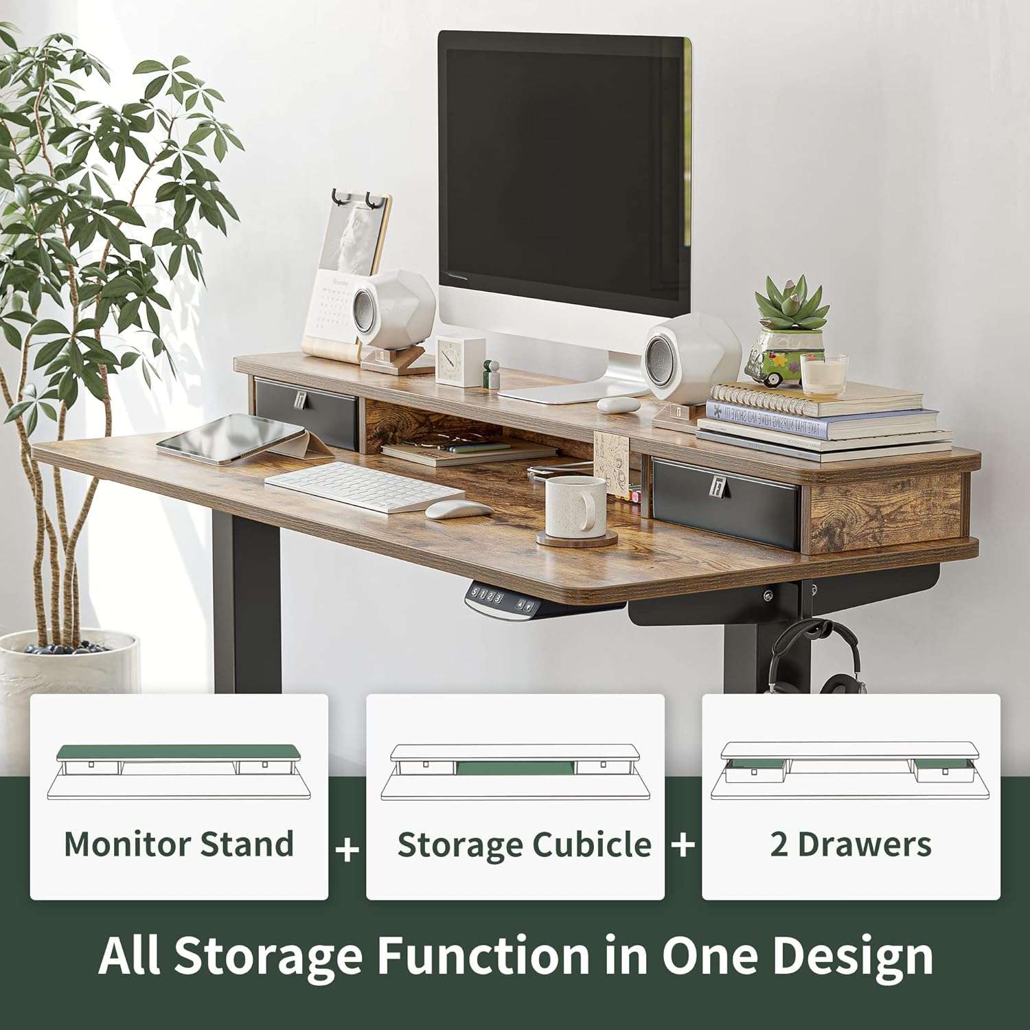 escritorio electrico fezibo de 121.92 centimetros color marron rustico con estante doble cajon y ajuste de altura ideal para teletrabajo en chile