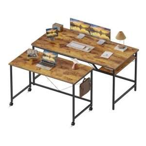 escritorio en l marron rustico compuesto por mesa de 121.92 centimetros y mesa movil de 81.28 centimetros ideal para teletrabajo en chile