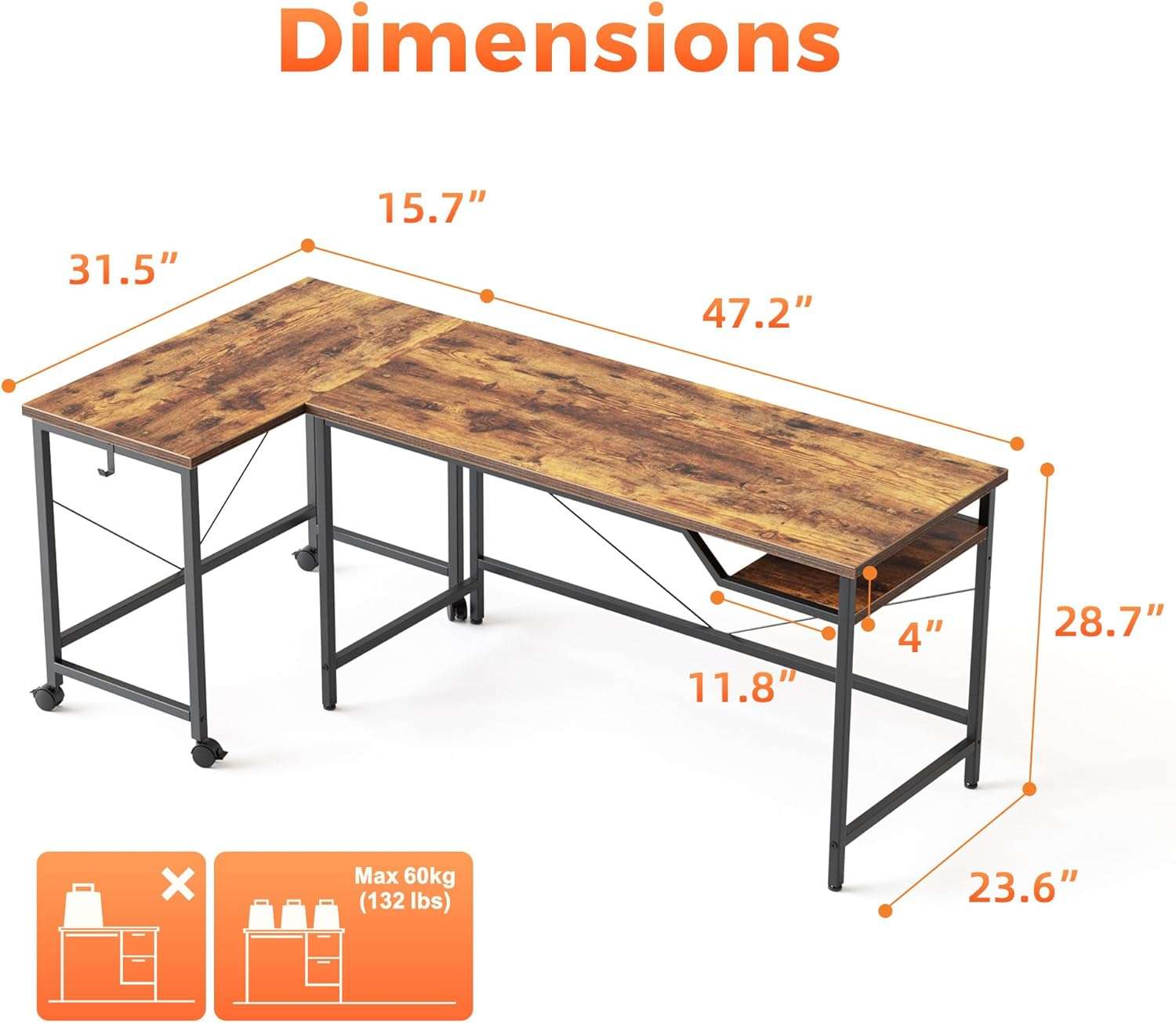 escritorio en l marron rustico compuesto por mesa de 121.92 centimetros y mesa movil de 81.28 centimetros ideal para teletrabajo en chile