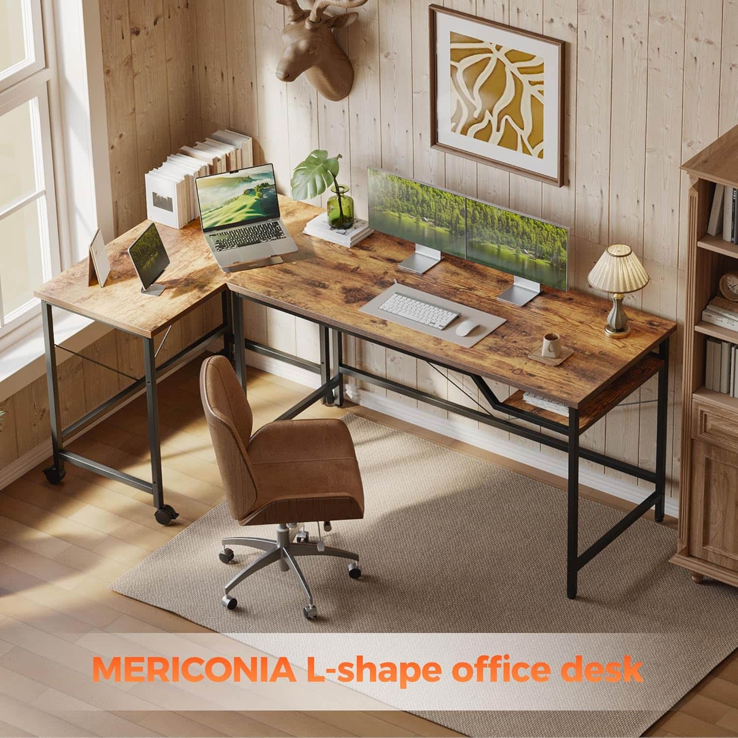 escritorio en l marron rustico compuesto por mesa de 121.92 centimetros y mesa movil de 81.28 centimetros ideal para teletrabajo en chile