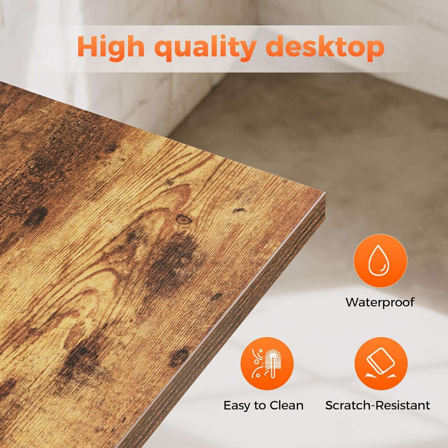 escritorio en l marron rustico compuesto por mesa de 121.92 centimetros y mesa movil de 81.28 centimetros ideal para teletrabajo en chile