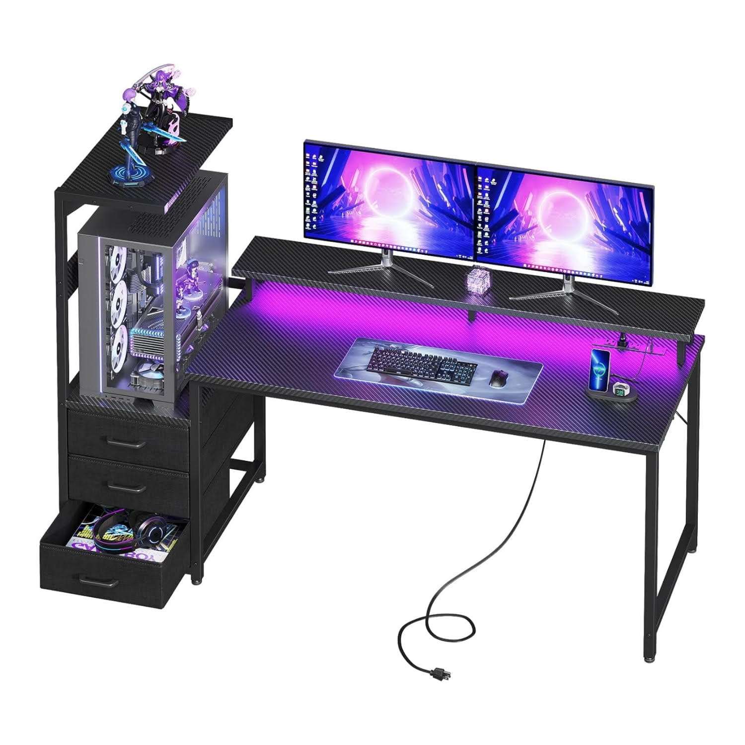 escritorio gamer aodk de 149.86 centimetros con luces led enchufes cajones y soporte para monitor ideal para chile