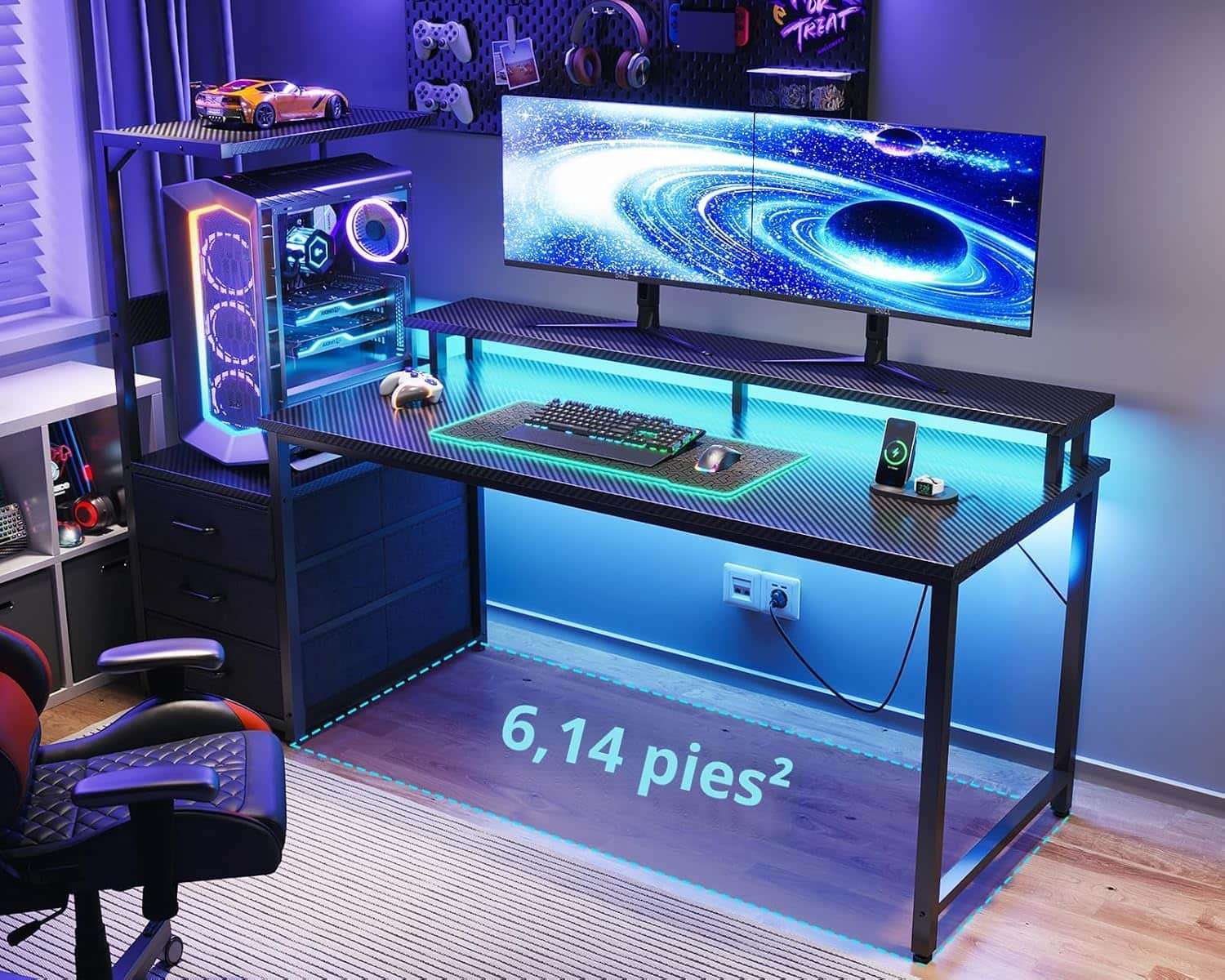 escritorio gamer aodk de 149.86 centimetros con luces led enchufes cajones y soporte para monitor ideal para chile