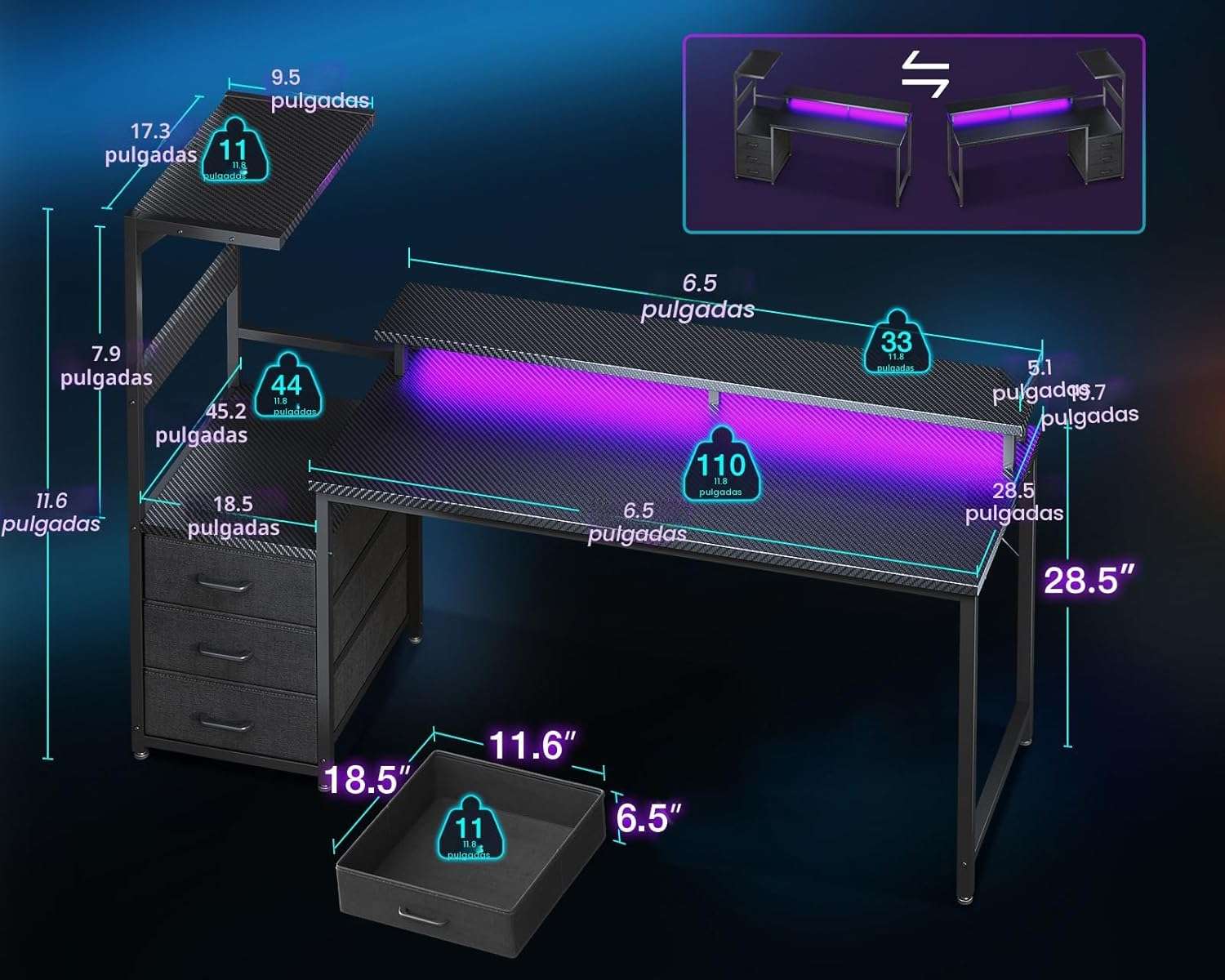 escritorio gamer aodk de 149.86 centimetros con luces led enchufes cajones y soporte para monitor ideal para chile