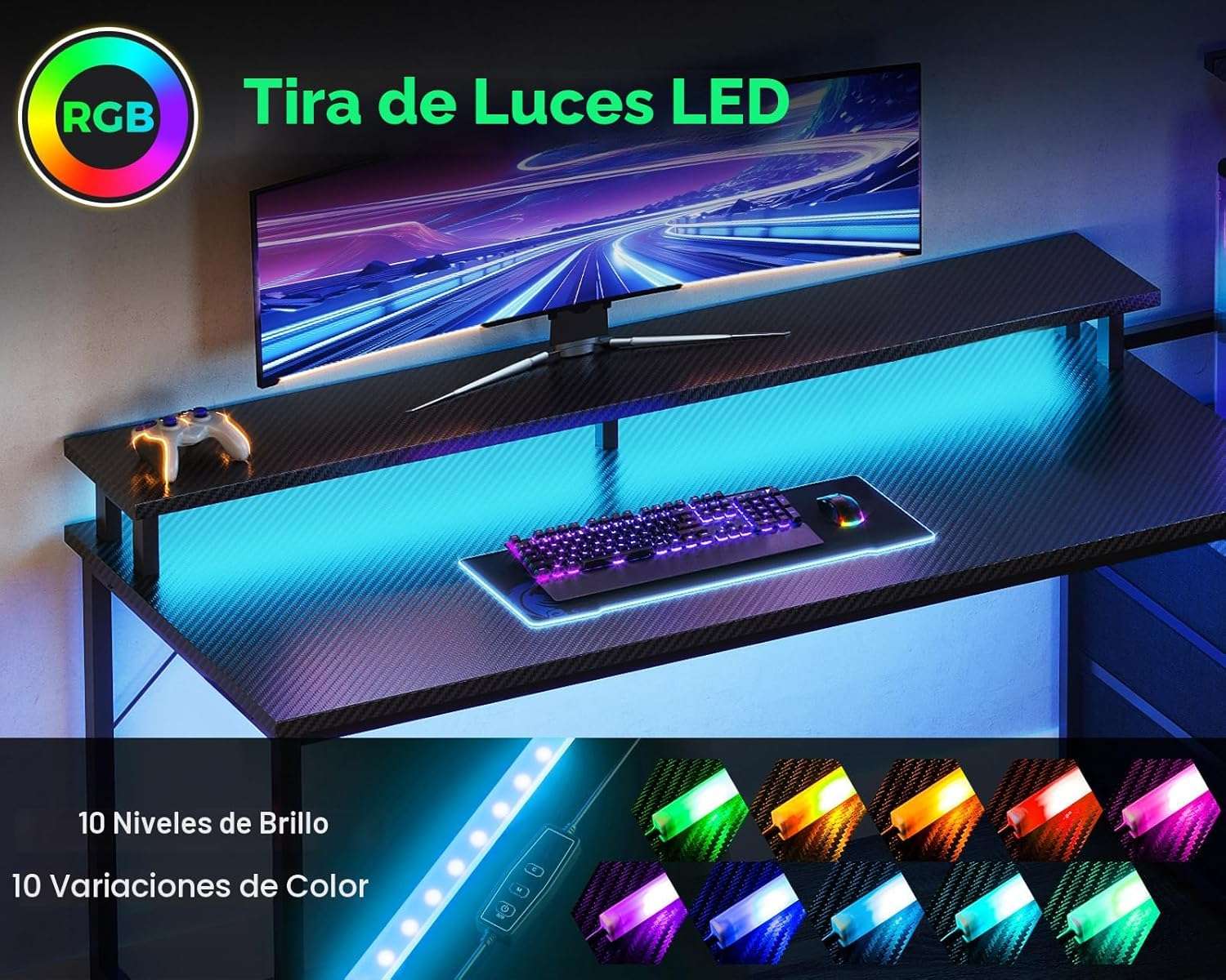 escritorio gamer aodk de 149.86 centimetros con luces led enchufes cajones y soporte para monitor ideal para chile
