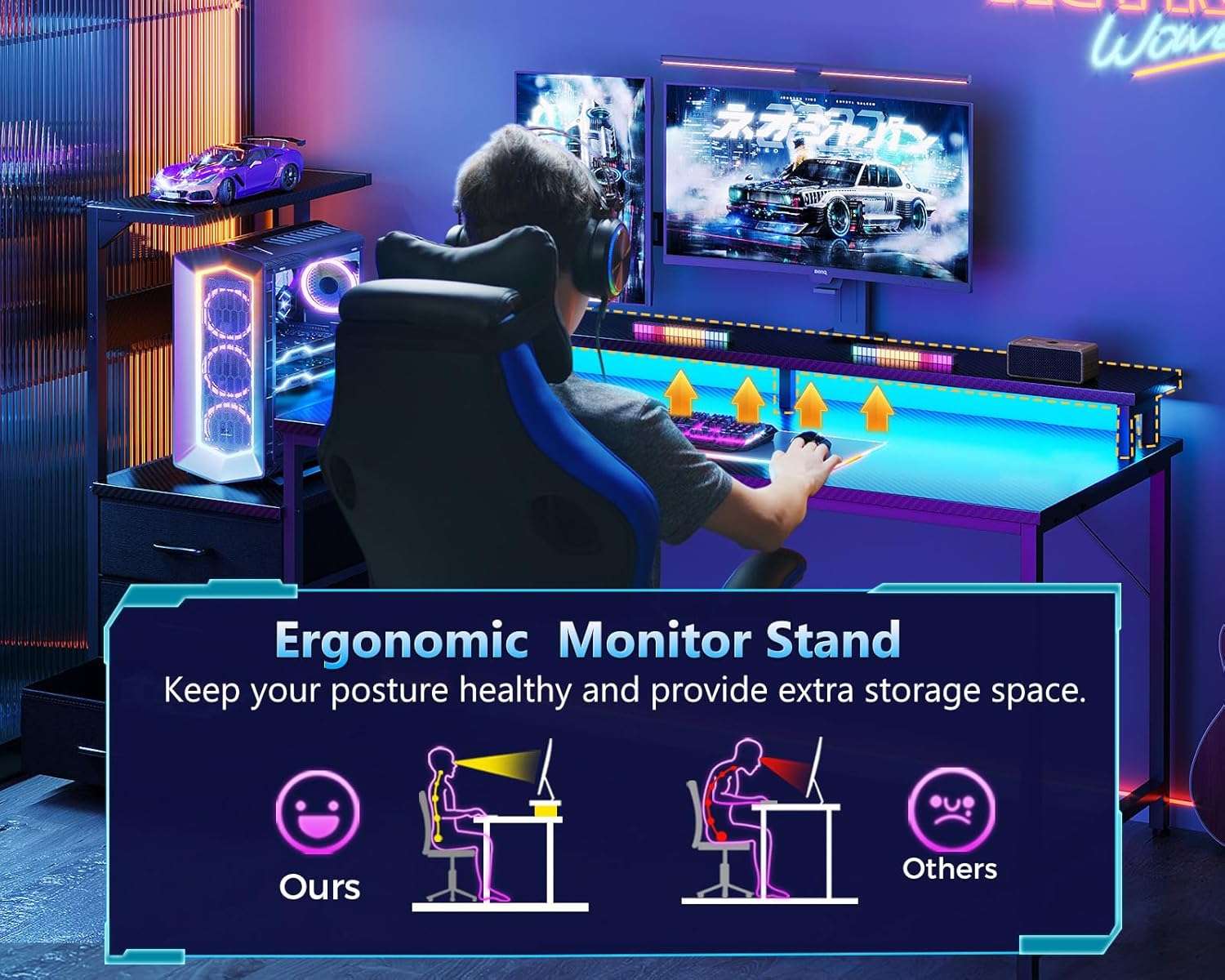 escritorio gamer aodk de 149.86 centimetros con luces led enchufes cajones y soporte para monitor ideal para chile