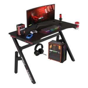 escritorio gamer bestoffice de 119.38 centimetros color azul con textura de fibra de carbono portavasos y gancho ideal para chile