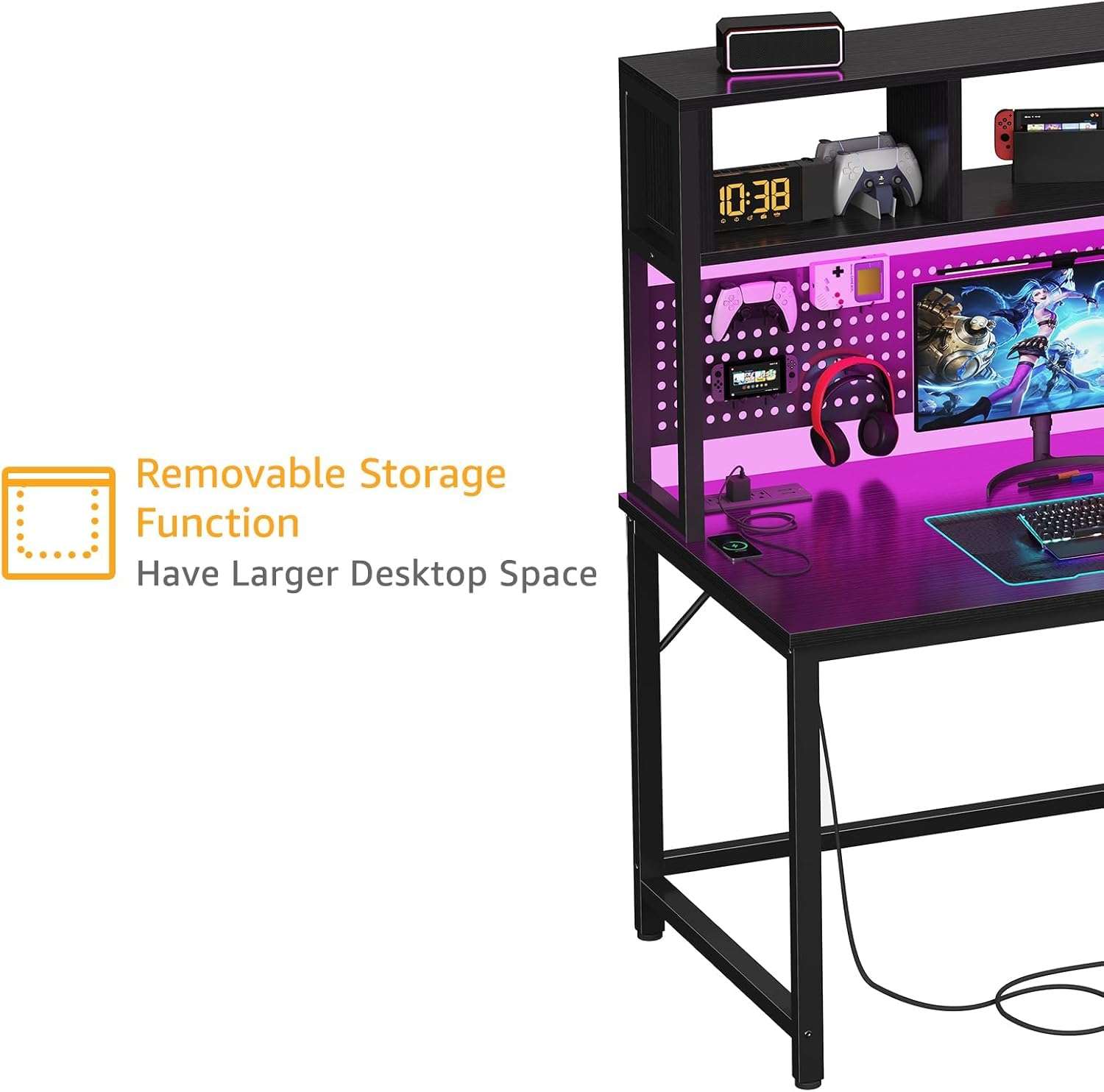 escritorio gamer dlisiting negro de 119.89 centimetros con alacena tablero de clavijas y luces led ideal para chile