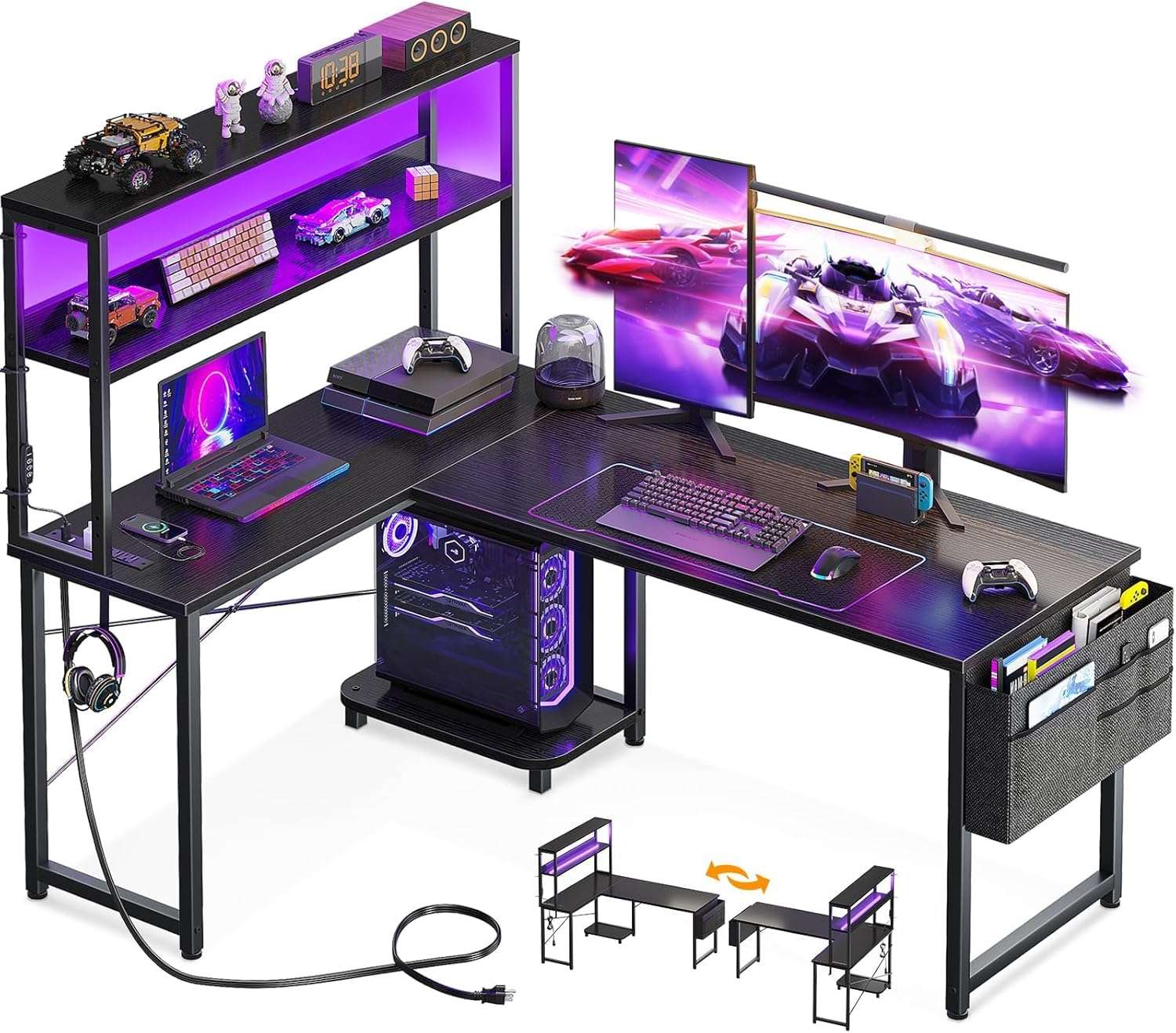 escritorio gamer en l aodk de 109 centimetros con luces led y tomas de corriente ideal para chile