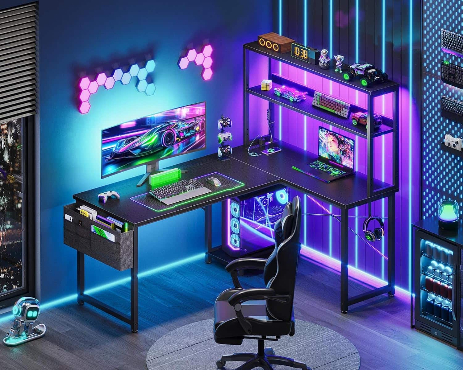 escritorio gamer en l aodk de 109 centimetros con luces led y tomas de corriente ideal para chile