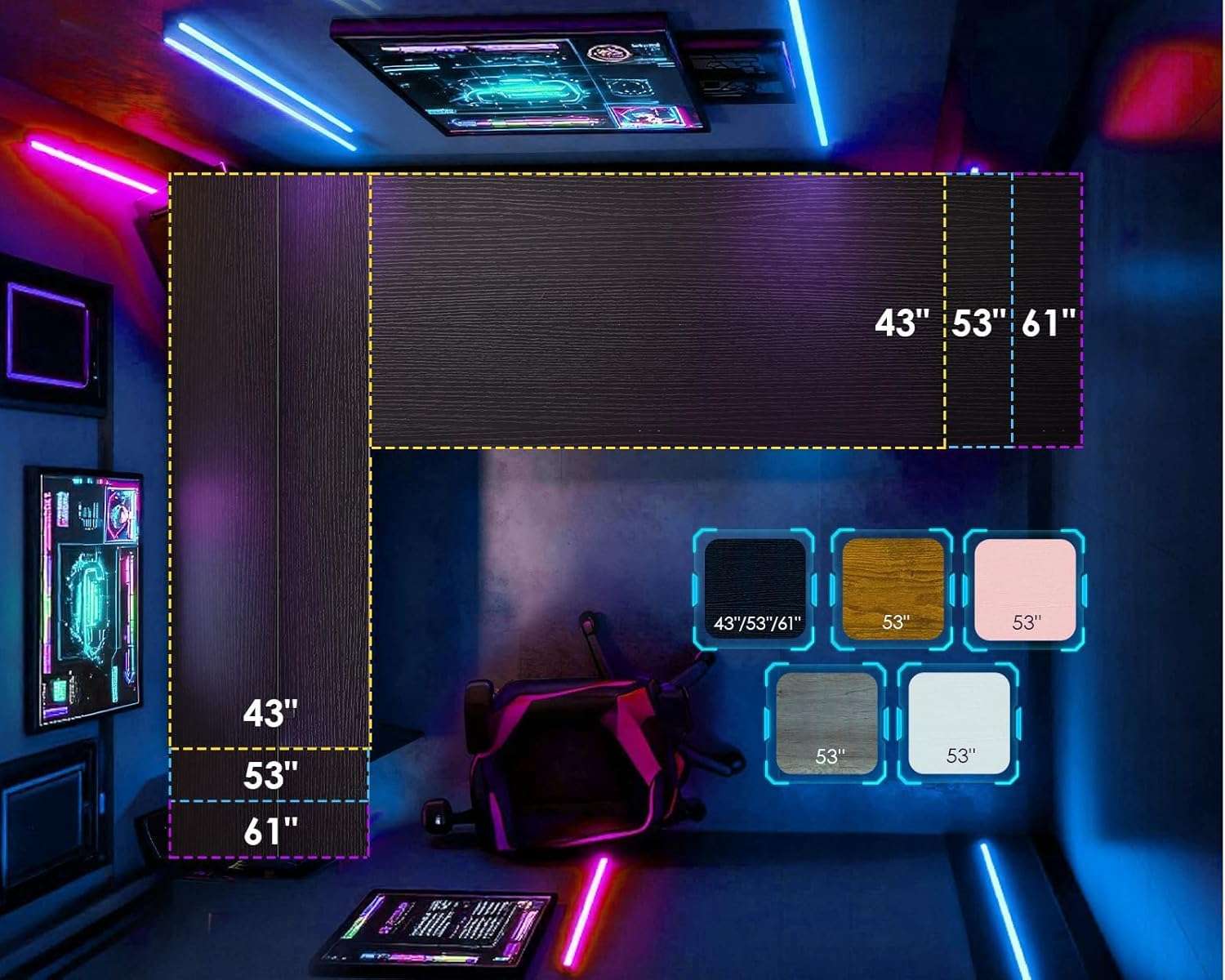 escritorio gamer en l aodk de 109 centimetros con luces led y tomas de corriente ideal para chile