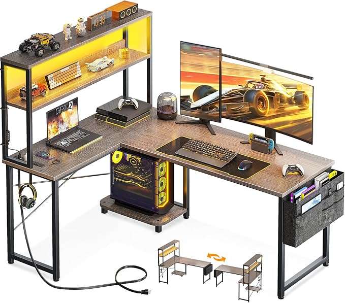 escritorio gamer en l aodk de 109 centimetros con luces led y tomas de corriente ideal para chile